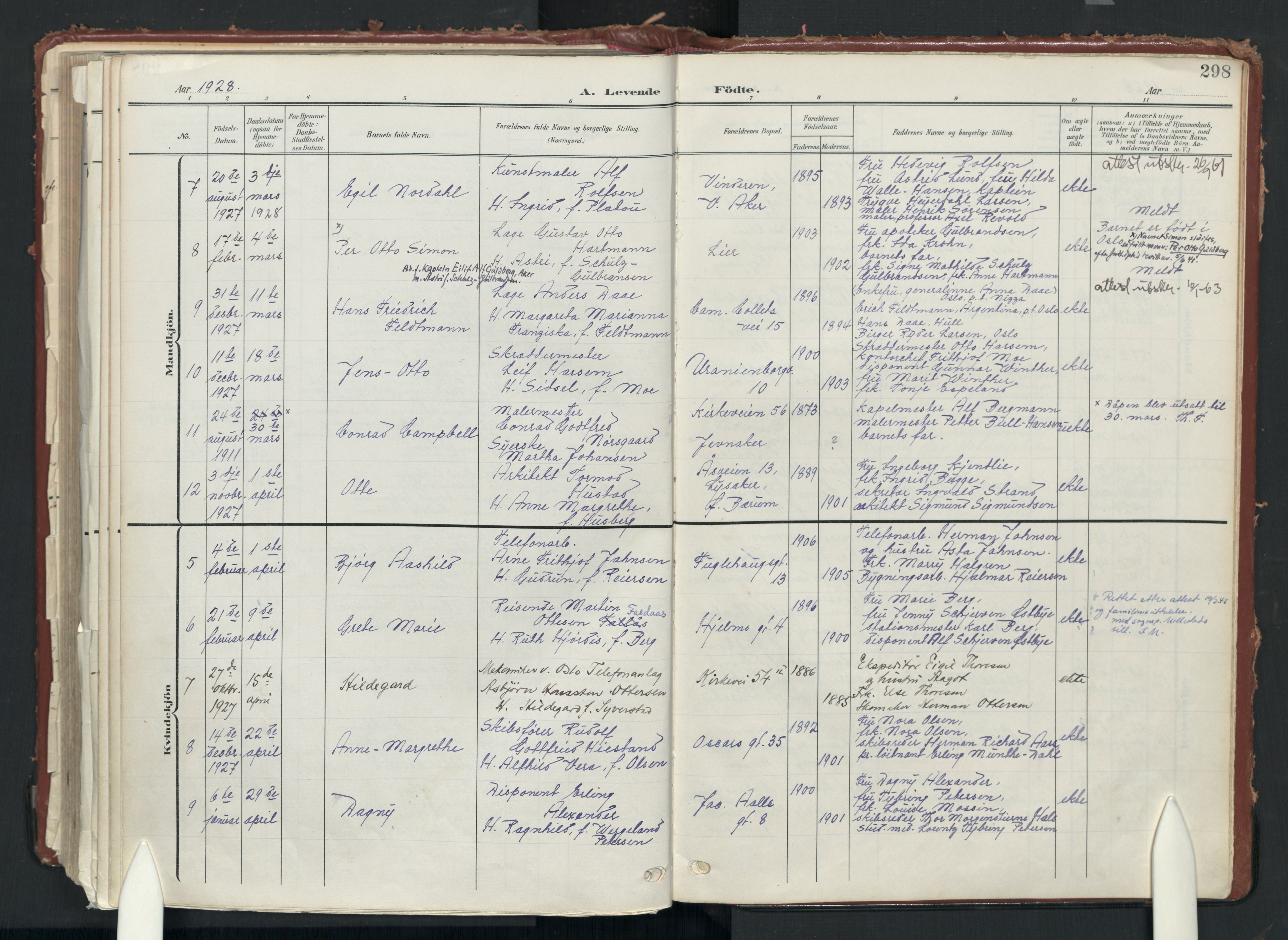 Uranienborg prestekontor Kirkebøker, AV/SAO-A-10877/F/Fa/L0010: Ministerialbok nr. I 10, 1907-1928, s. 298