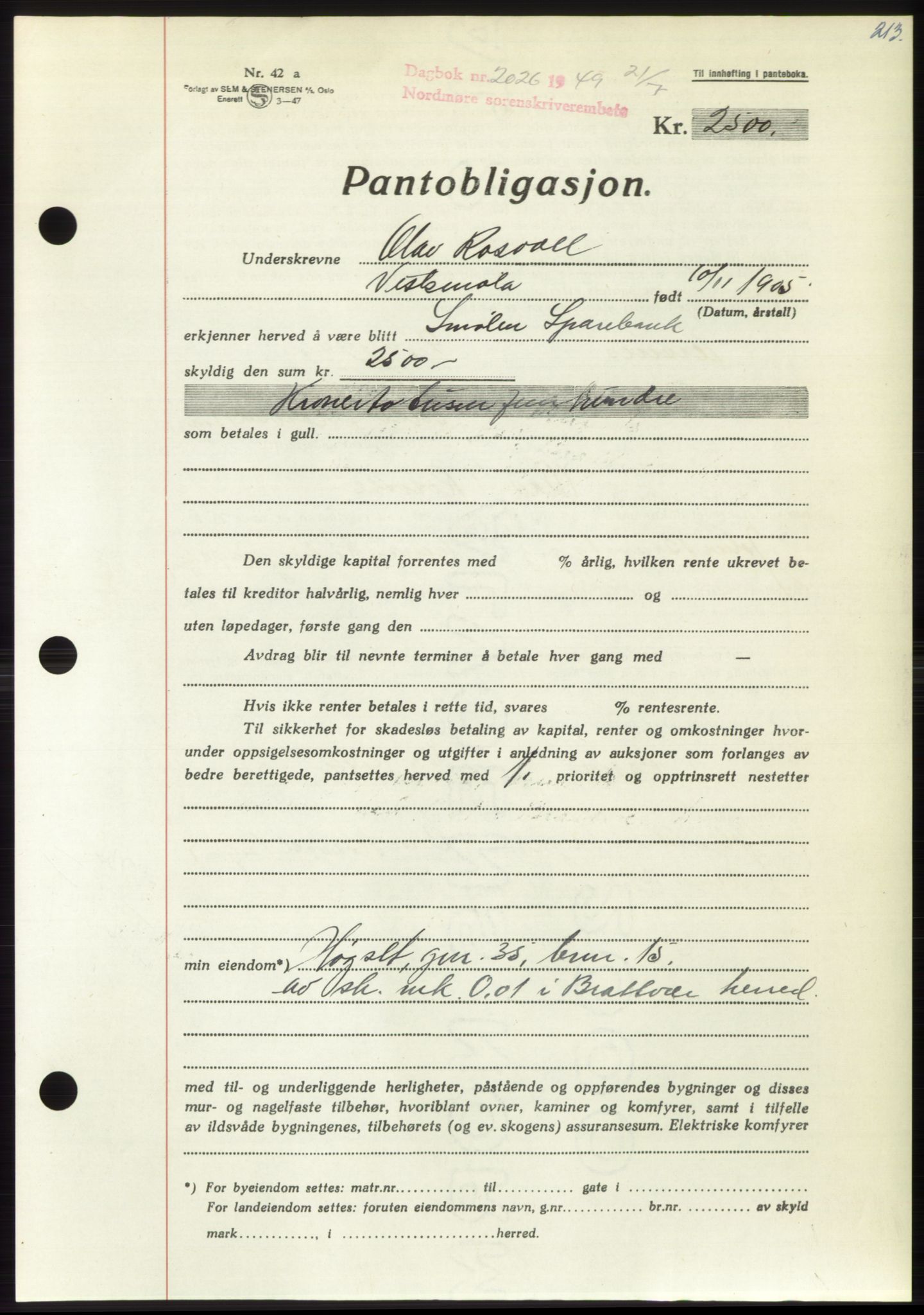 Nordmøre sorenskriveri, AV/SAT-A-4132/1/2/2Ca: Pantebok nr. B102, 1949-1949, Dagboknr: 2026/1949