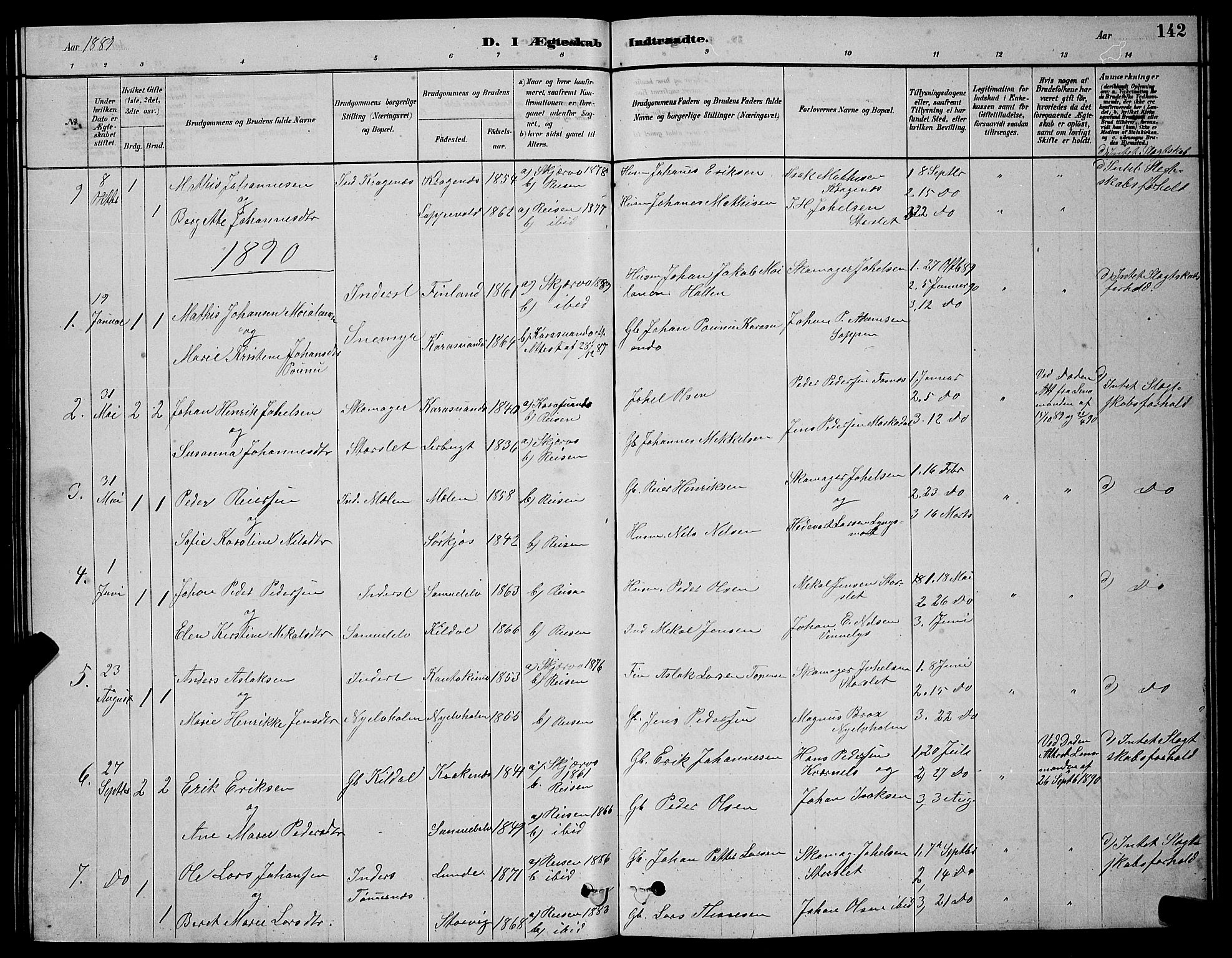 Skjervøy sokneprestkontor, AV/SATØ-S-1300/H/Ha/Hab/L0020klokker: Klokkerbok nr. 20, 1878-1892, s. 142