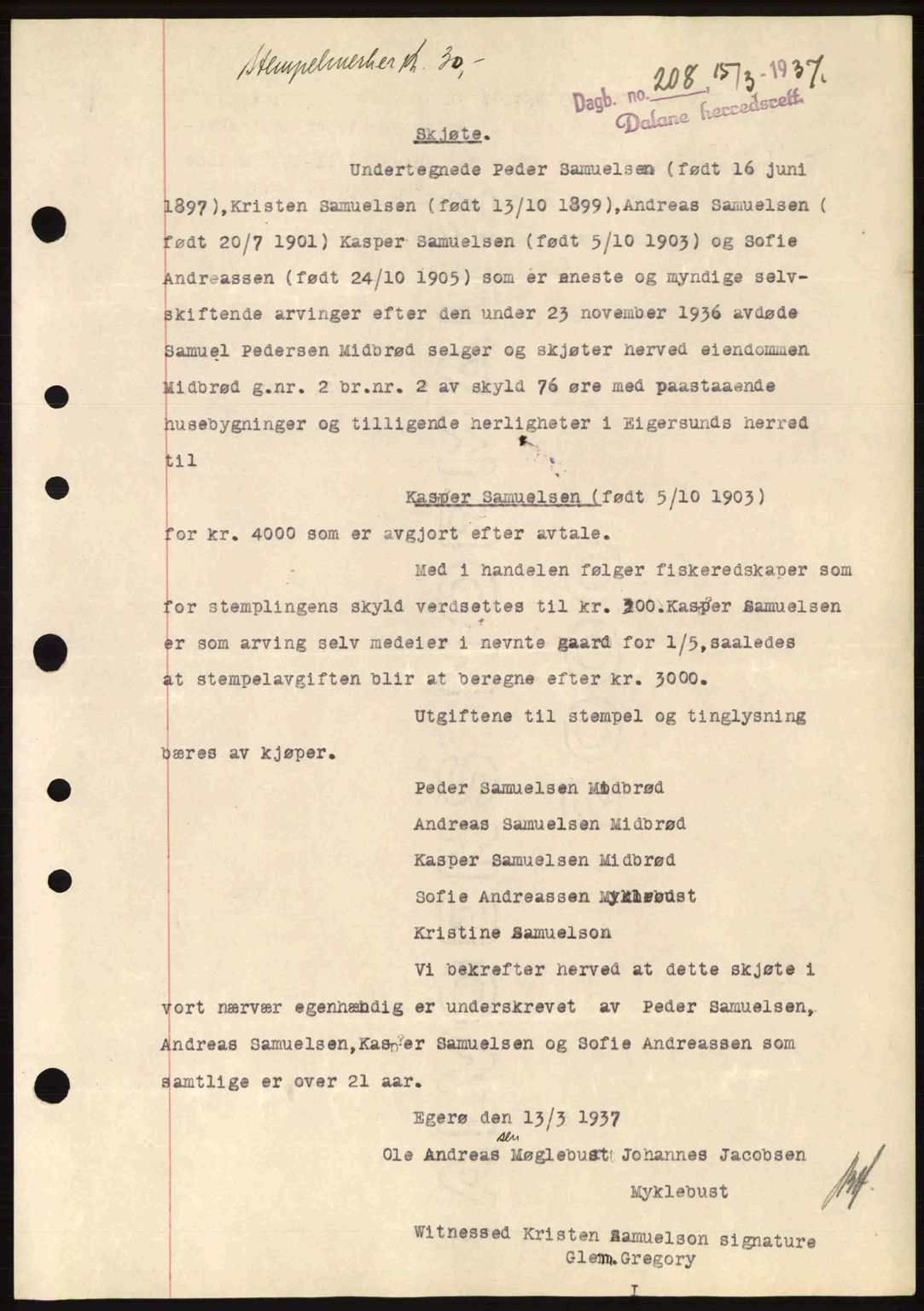 Dalane sorenskriveri, SAST/A-100309/02/G/Gb/L0041: Pantebok nr. A2, 1936-1937, Dagboknr: 208/1937