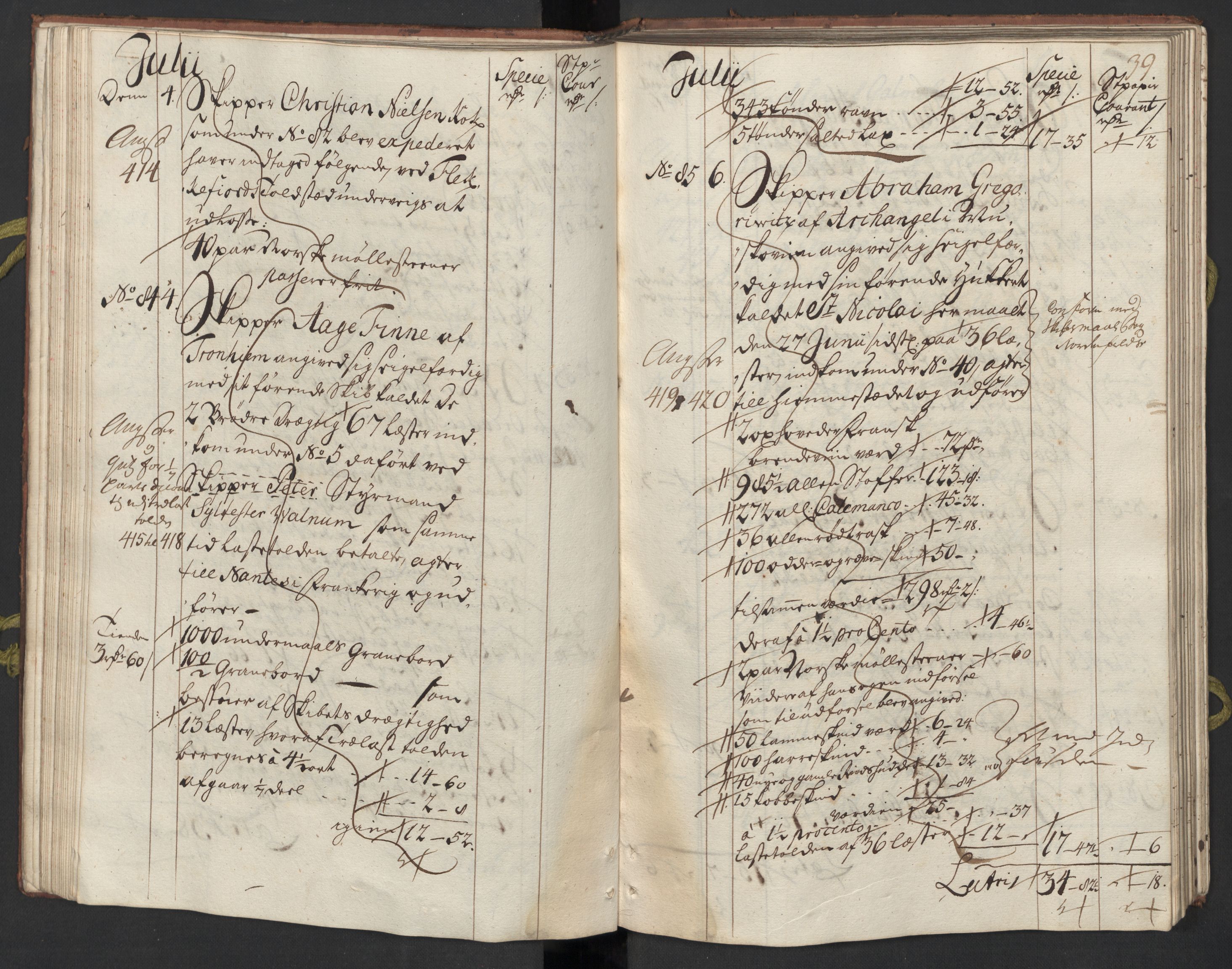 Generaltollkammeret, tollregnskaper, AV/RA-EA-5490/R33/L0015/0002: Tollregnskaper Trondheim A / Utgående tollbok, 1733, s. 38b-39a