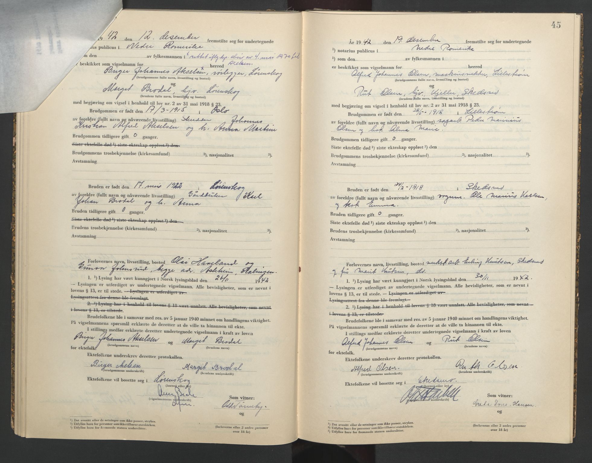Nedre Romerike sorenskriveri, SAO/A-10469/L/Lb/L0003: Vigselsbok - borgerlige vielser, 1942-1943, s. 45