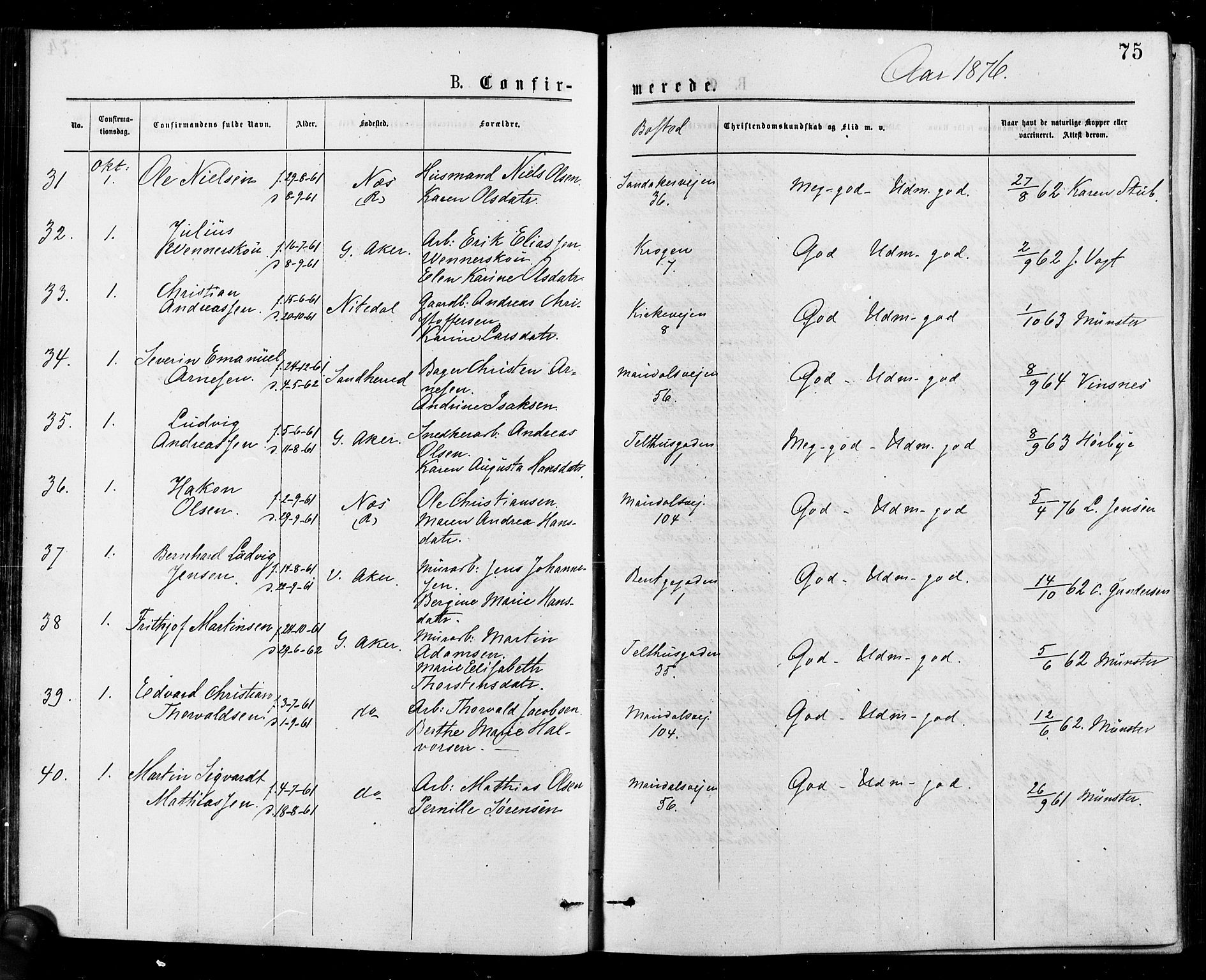 Gamle Aker prestekontor Kirkebøker, AV/SAO-A-10617a/F/L0005: Ministerialbok nr. 5, 1873-1881, s. 75