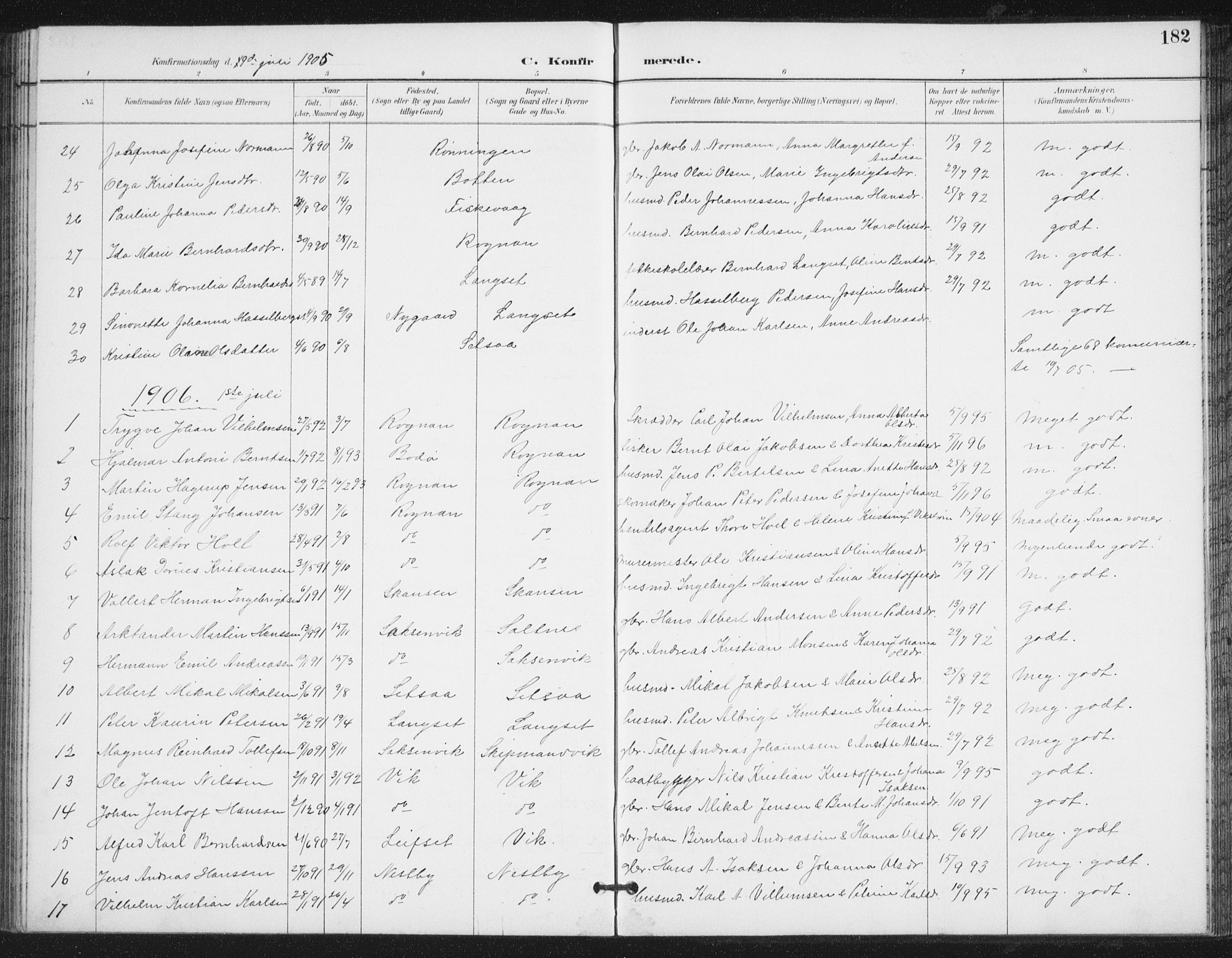 Ministerialprotokoller, klokkerbøker og fødselsregistre - Nordland, AV/SAT-A-1459/847/L0682: Klokkerbok nr. 847C10, 1889-1907, s. 182