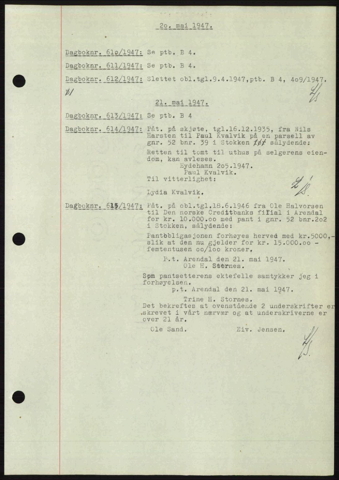 Nedenes sorenskriveri, AV/SAK-1221-0006/G/Gb/Gba/L0057: Pantebok nr. A9, 1947-1947, Dagboknr: 610/1947