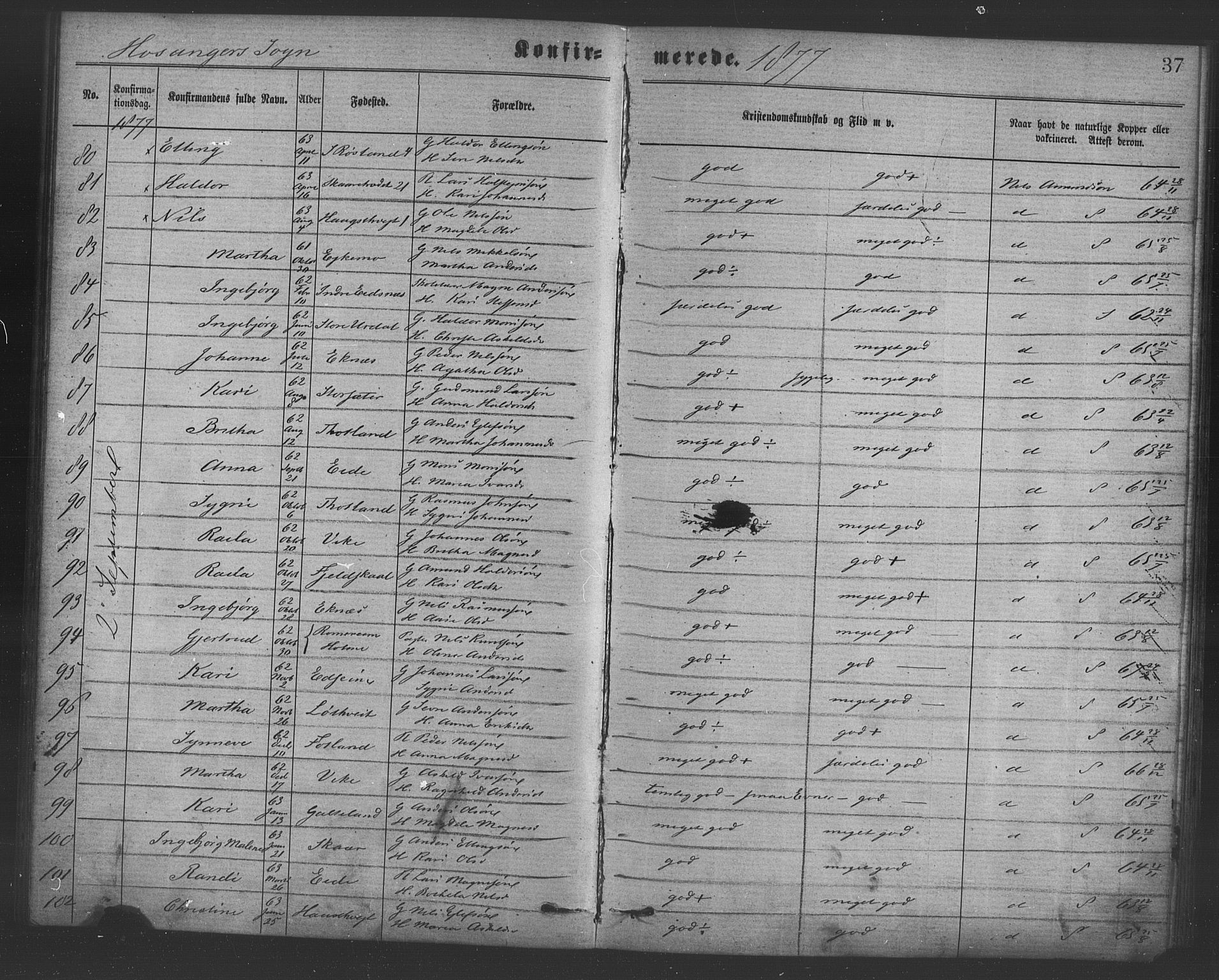 Hosanger sokneprestembete, AV/SAB-A-75801/H/Haa: Ministerialbok nr. A 10, 1877-1879, s. 37