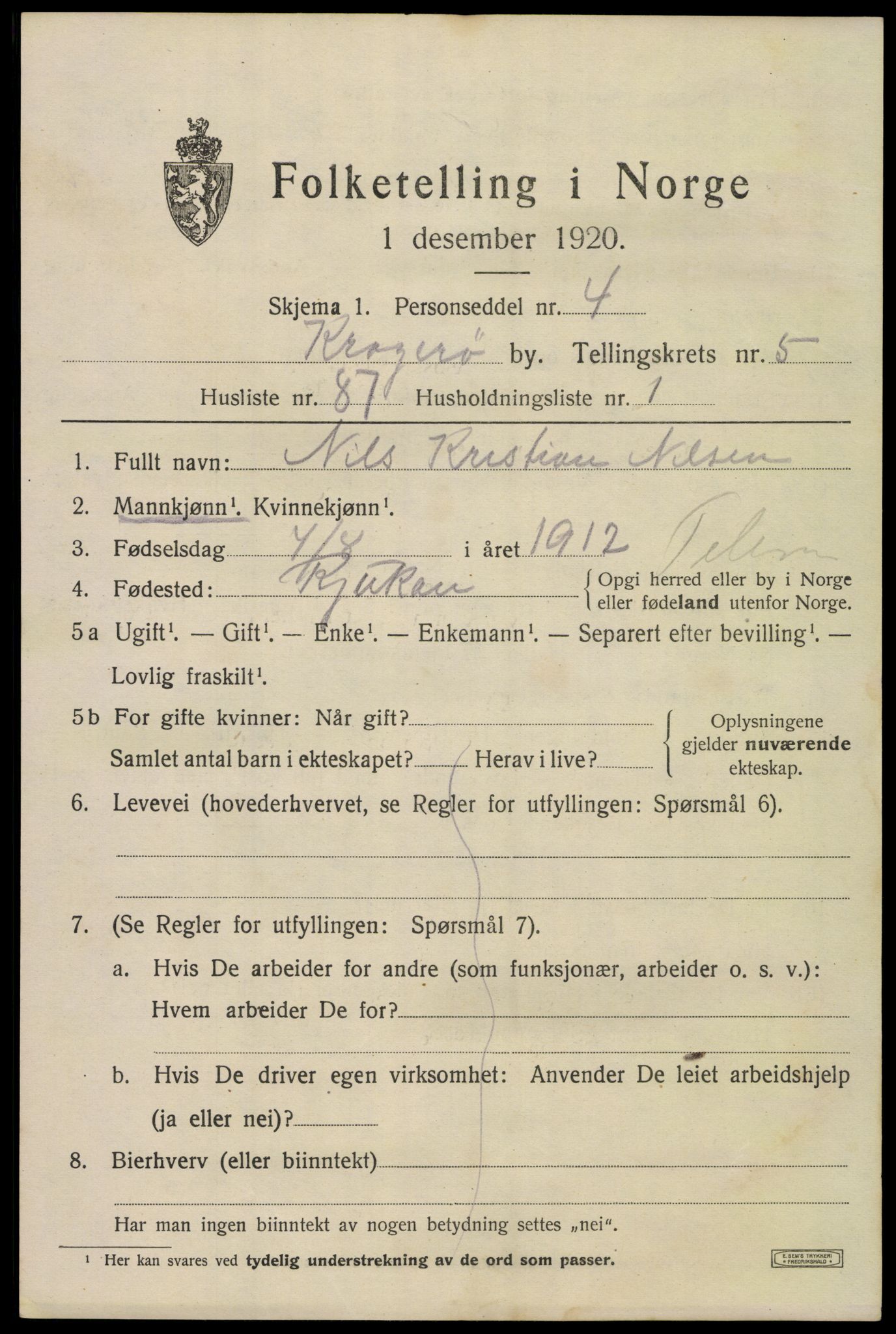 SAKO, Folketelling 1920 for 0801 Kragerø kjøpstad, 1920, s. 9057