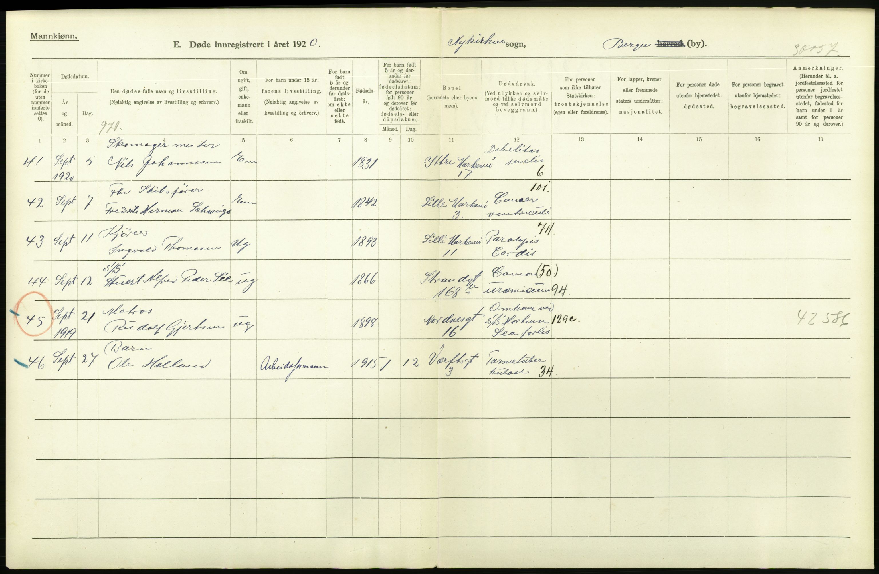 Statistisk sentralbyrå, Sosiodemografiske emner, Befolkning, AV/RA-S-2228/D/Df/Dfb/Dfbj/L0042: Bergen: Gifte, døde, dødfødte., 1920, s. 526