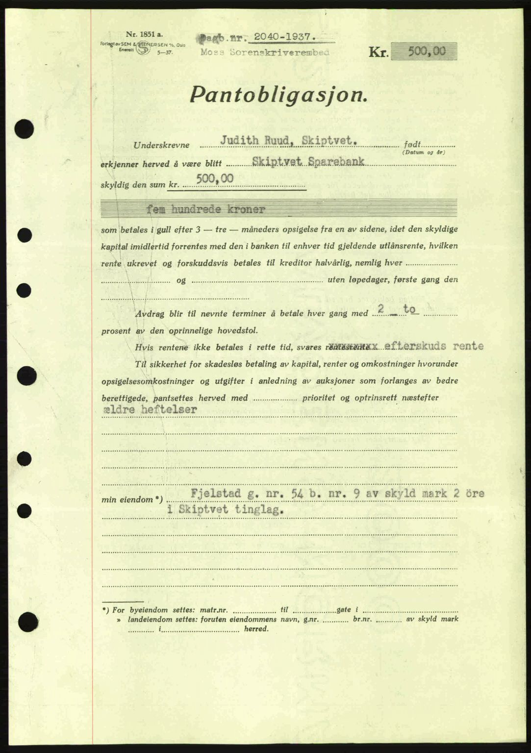 Moss sorenskriveri, SAO/A-10168: Pantebok nr. B4, 1937-1938, Dagboknr: 2040/1937