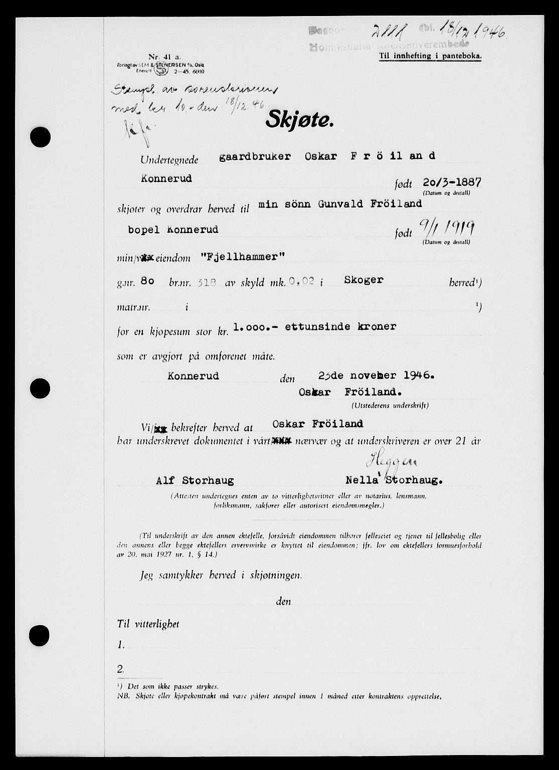 Holmestrand sorenskriveri, SAKO/A-67/G/Ga/Gaa/L0061: Pantebok nr. A-61, 1946-1947, Dagboknr: 2111/1946