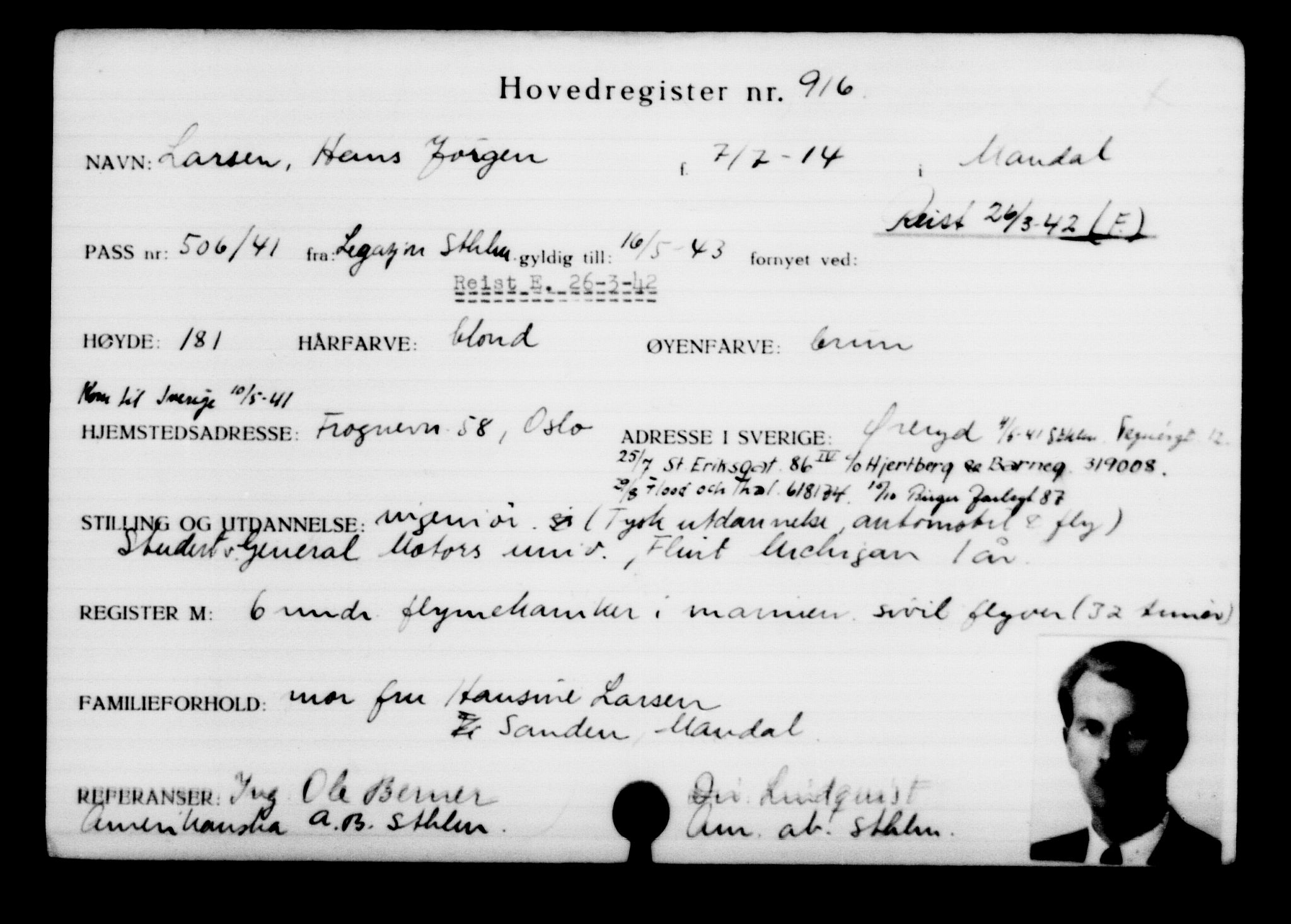 Utenriksstasjonene, Legasjonen i Stockholm, Flyktningkontoret, AV/RA-S-6753/V/Va/L0001: Kjesäterkartoteket, flyktninger med registreringsnr. 1-1000, 1940-1945, s. 1441