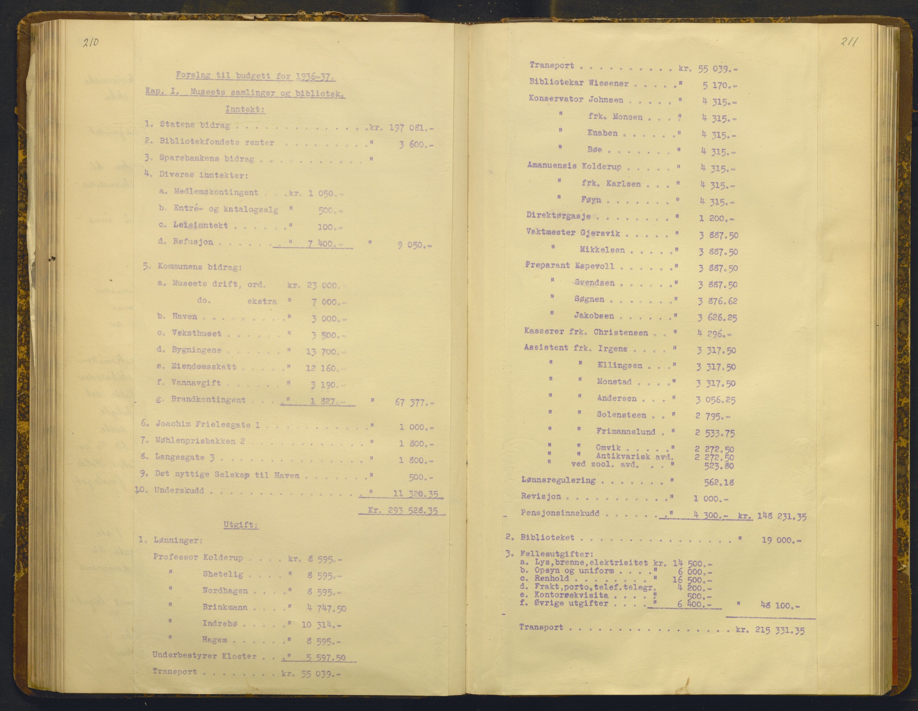 Bergens Museum, AV/SAB-A-17301/02/A/L0009: Forhandlingsprotokoll med register , 1927-1943, s. 210-211
