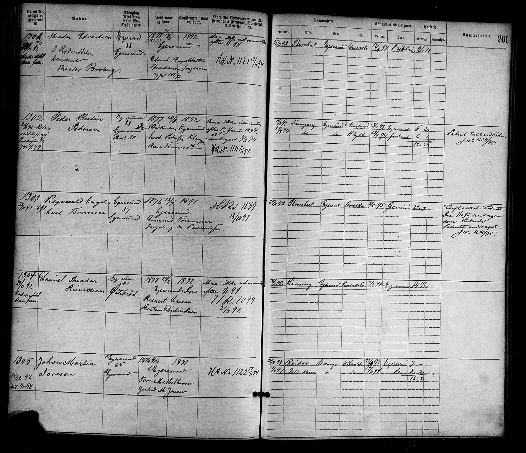 Egersund mønstringskrets, SAK/2031-0019/F/Fa/L0001: Annotasjonsrulle nr 1-1440 med register, O-1, 1869-1895, s. 286