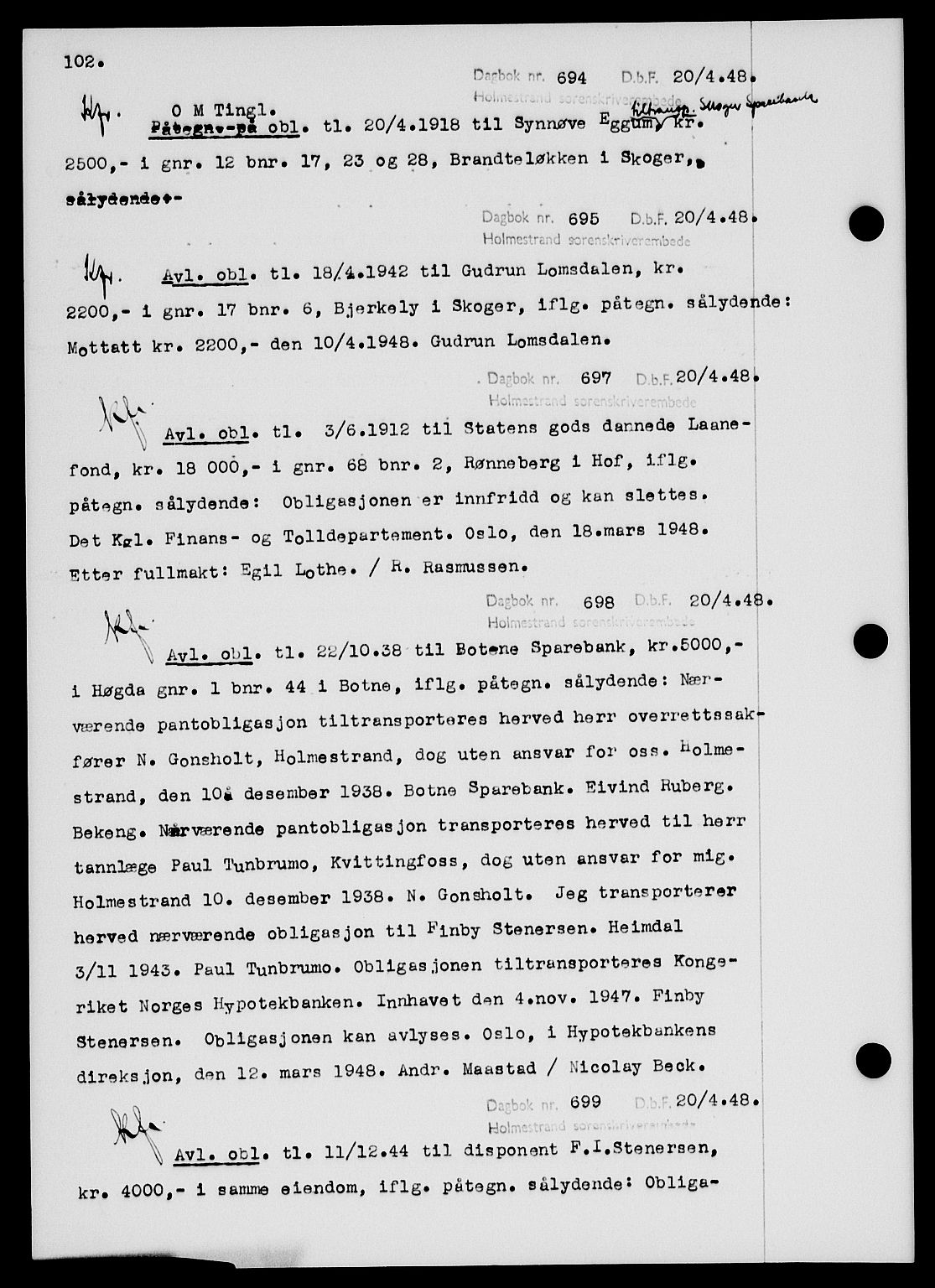 Holmestrand sorenskriveri, SAKO/A-67/G/Ga/Gab/L0058: Pantebok nr. B-58, 1947-1948, s. 102, Dagboknr: 694/1948