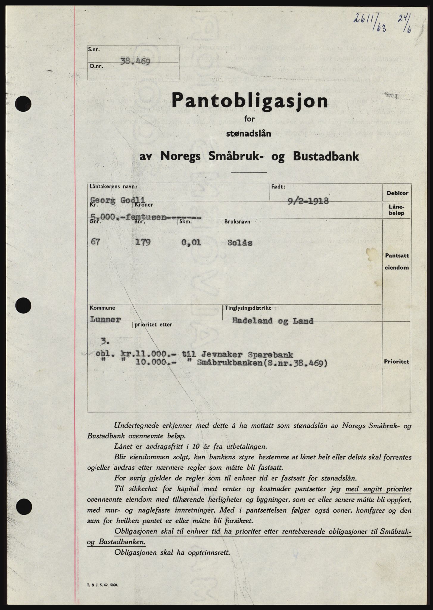 Hadeland og Land tingrett, SAH/TING-010/H/Hb/Hbc/L0052: Pantebok nr. B52, 1963-1963, Dagboknr: 2611/1963