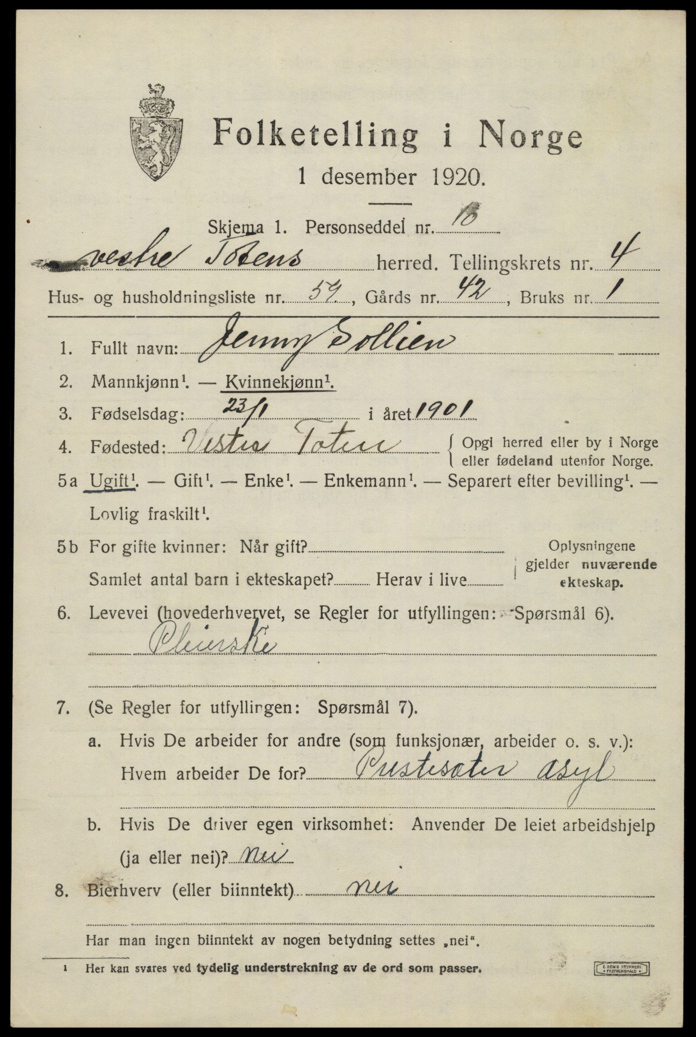 SAH, Folketelling 1920 for 0529 Vestre Toten herred, 1920, s. 6372