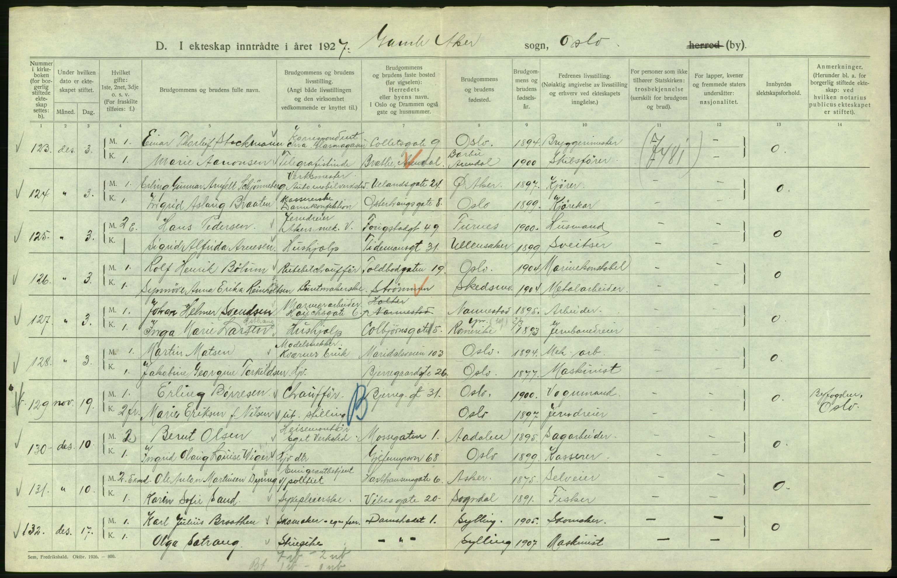 Statistisk sentralbyrå, Sosiodemografiske emner, Befolkning, AV/RA-S-2228/D/Df/Dfc/Dfcg/L0008: Oslo: Gifte, 1927, s. 308