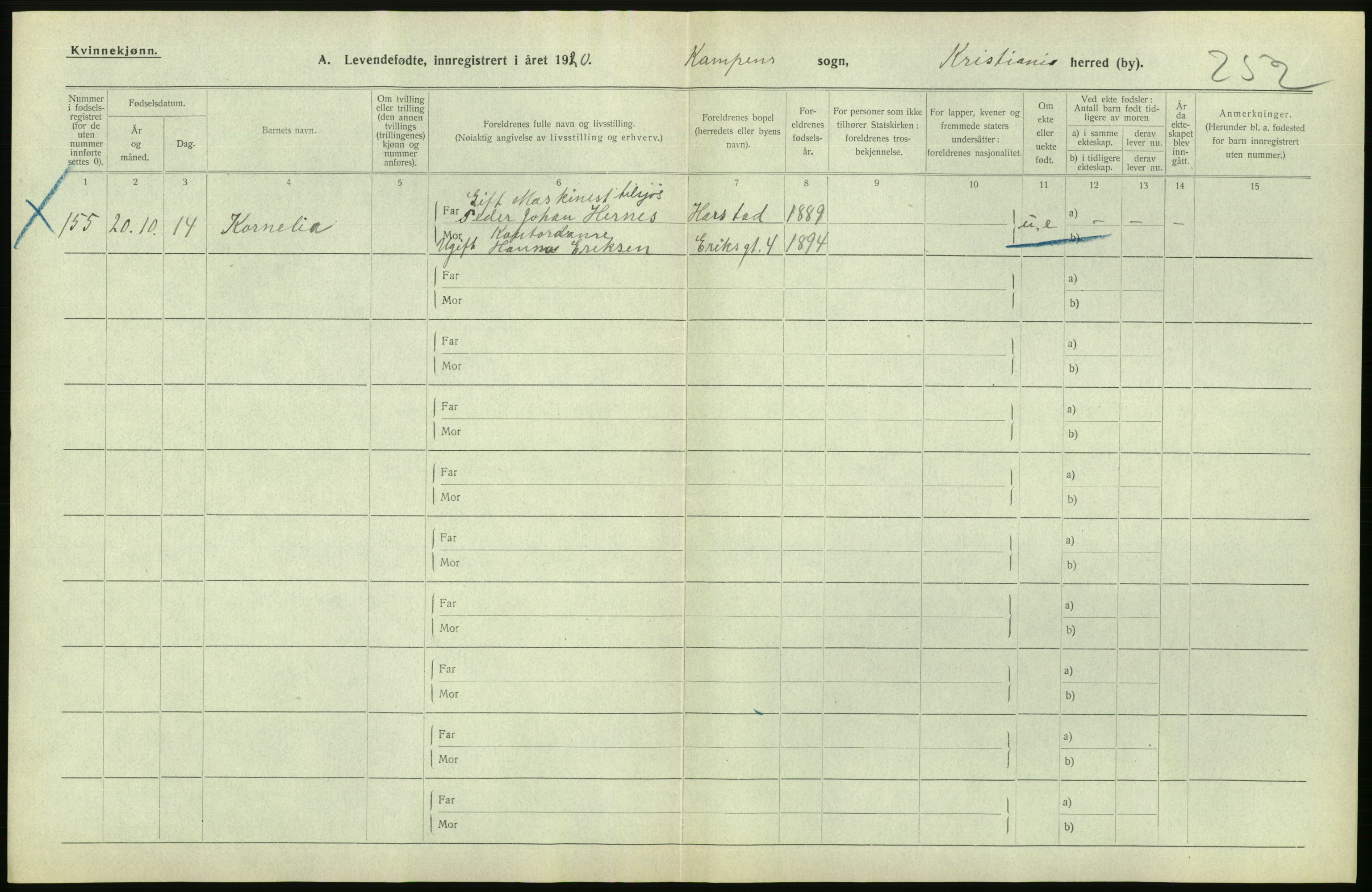 Statistisk sentralbyrå, Sosiodemografiske emner, Befolkning, AV/RA-S-2228/D/Df/Dfb/Dfbj/L0008: Kristiania: Levendefødte menn og kvinner., 1920, s. 274