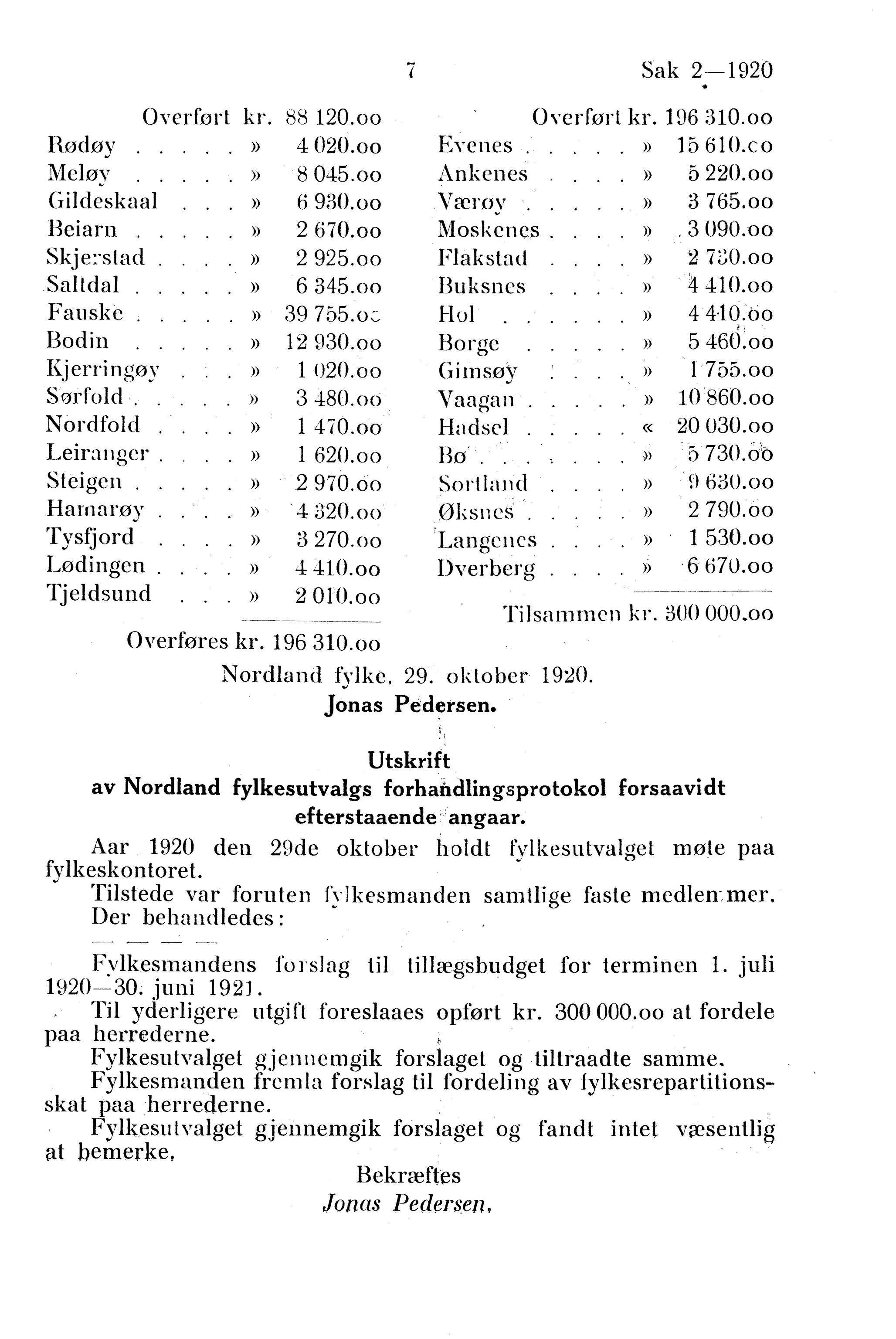 Nordland Fylkeskommune. Fylkestinget, AIN/NFK-17/176/A/Ac/L0043: Fylkestingsforhandlinger 1920, 1920