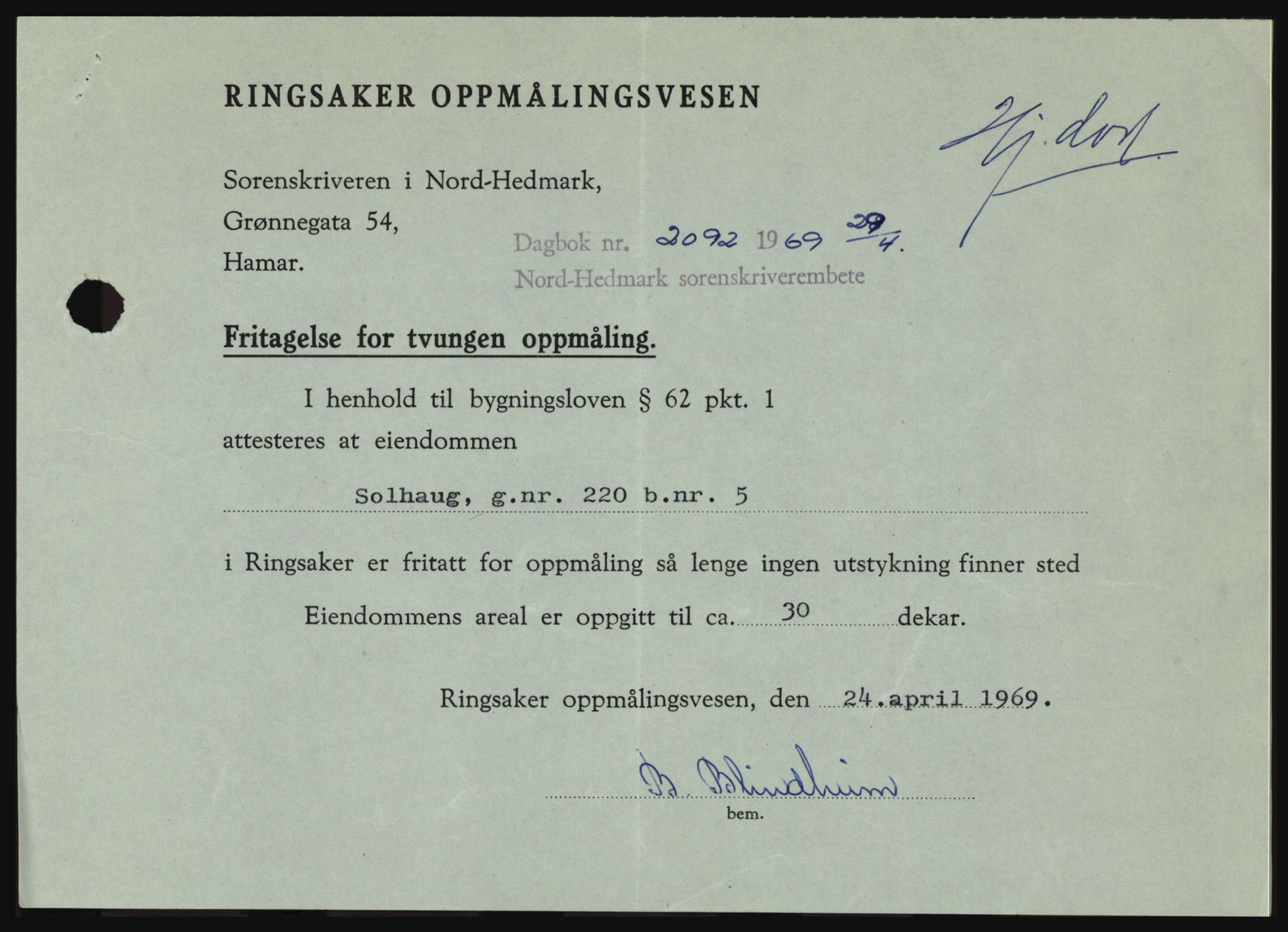 Nord-Hedmark sorenskriveri, SAH/TING-012/H/Hc/L0030: Pantebok nr. 30, 1969-1969, Dagboknr: 2092/1969