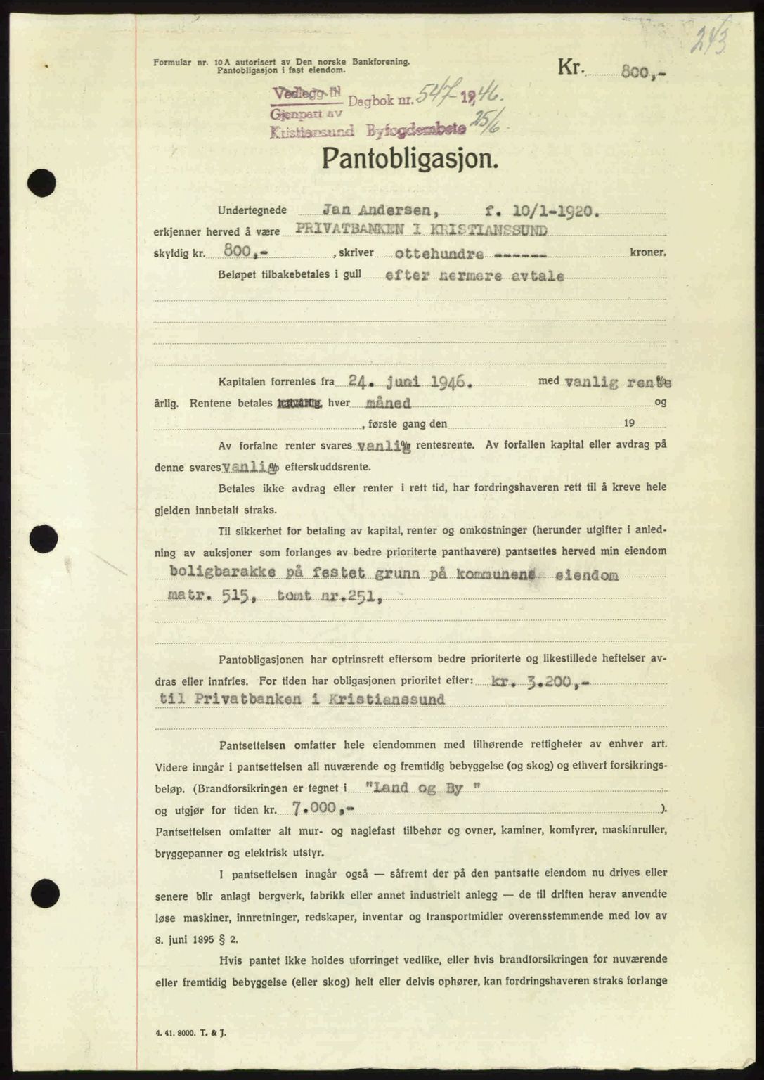 Kristiansund byfogd, AV/SAT-A-4587/A/27: Pantebok nr. 40, 1946-1946, Dagboknr: 547/1946