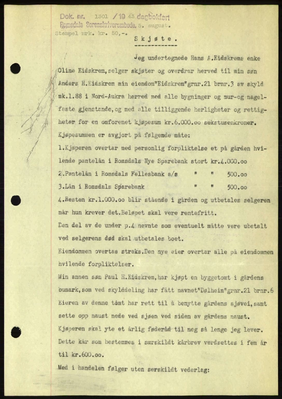 Romsdal sorenskriveri, SAT/A-4149/1/2/2C: Pantebok nr. A14, 1943-1943, Dagboknr: 1301/1943
