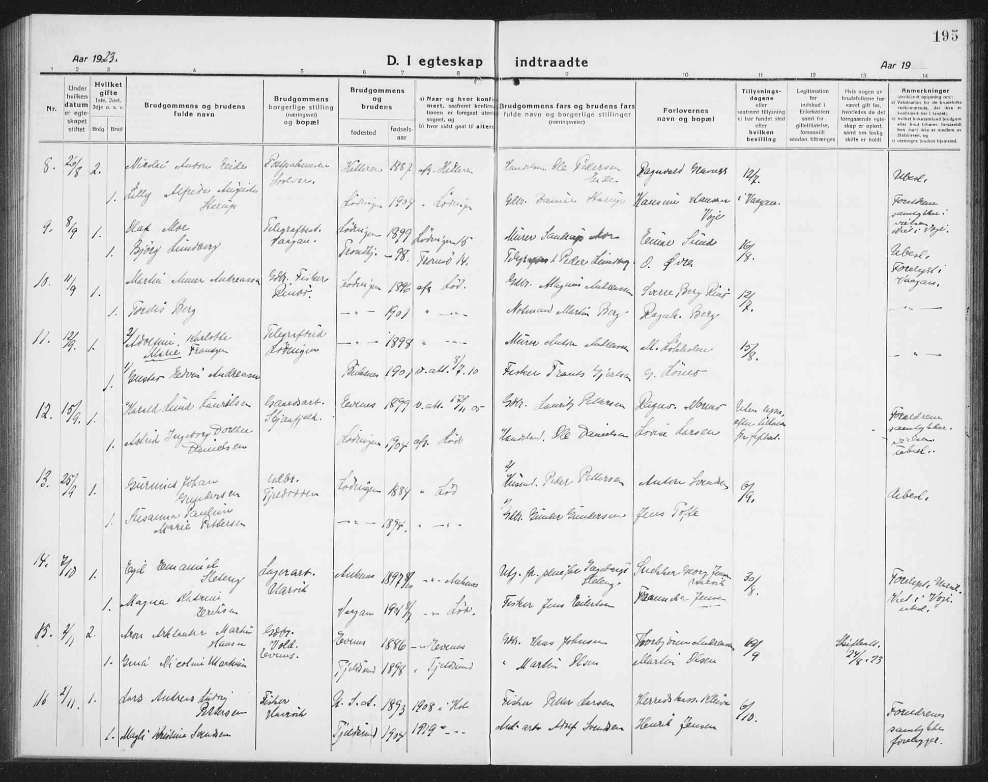 Ministerialprotokoller, klokkerbøker og fødselsregistre - Nordland, AV/SAT-A-1459/872/L1049: Klokkerbok nr. 872C05, 1920-1938, s. 195