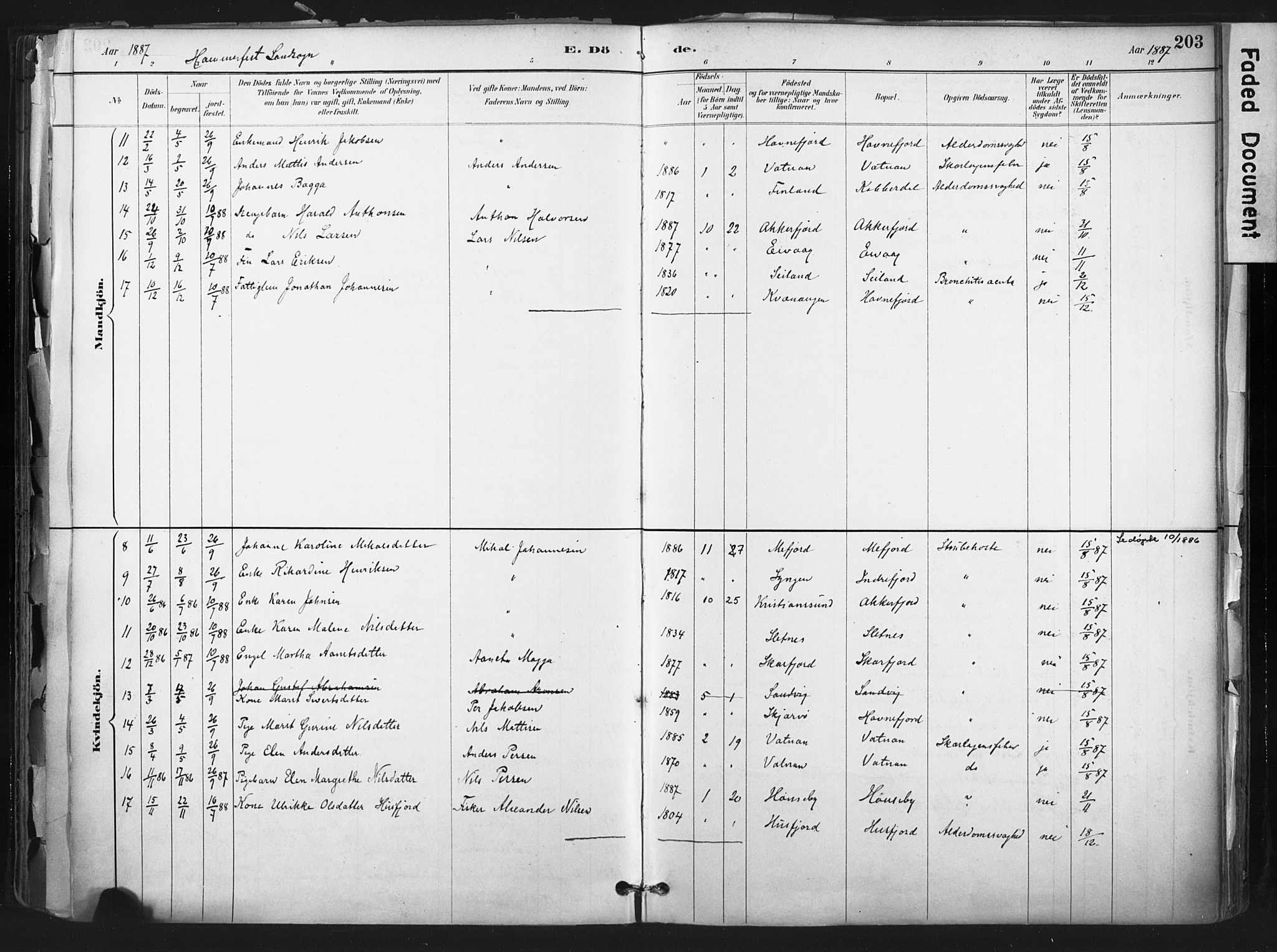 Hammerfest sokneprestkontor, AV/SATØ-S-1347/H/Ha/L0011.kirke: Ministerialbok nr. 11 /1, 1885-1897, s. 203