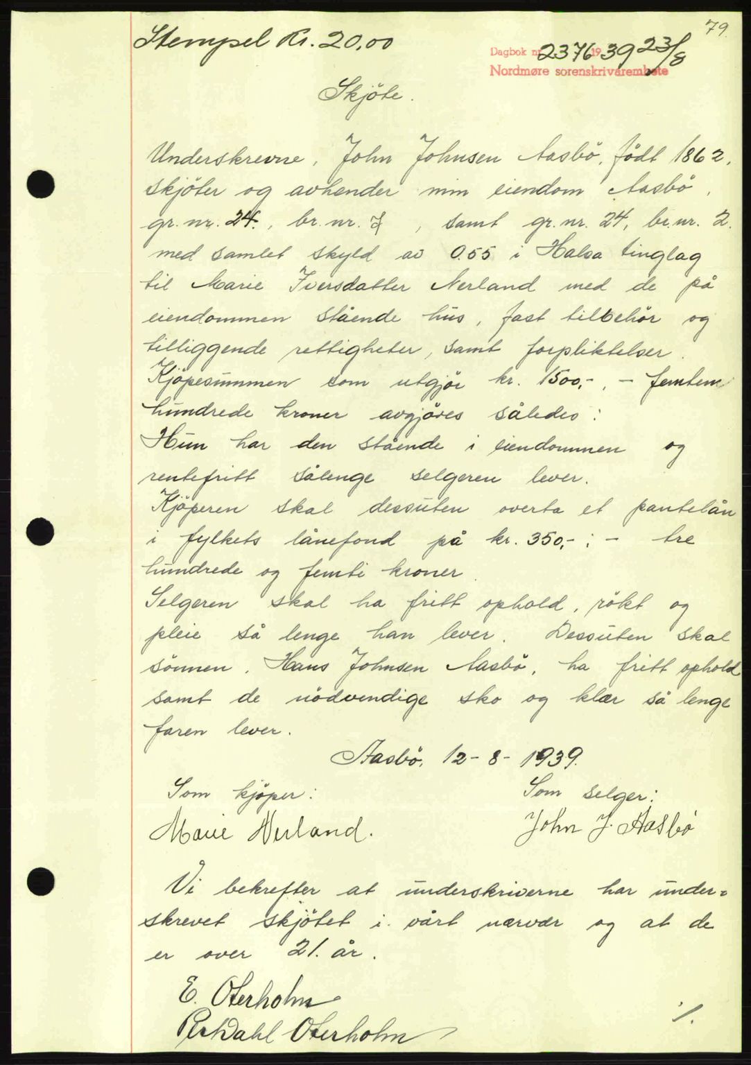Nordmøre sorenskriveri, SAT/A-4132/1/2/2Ca: Pantebok nr. A87, 1939-1940, Dagboknr: 2376/1939