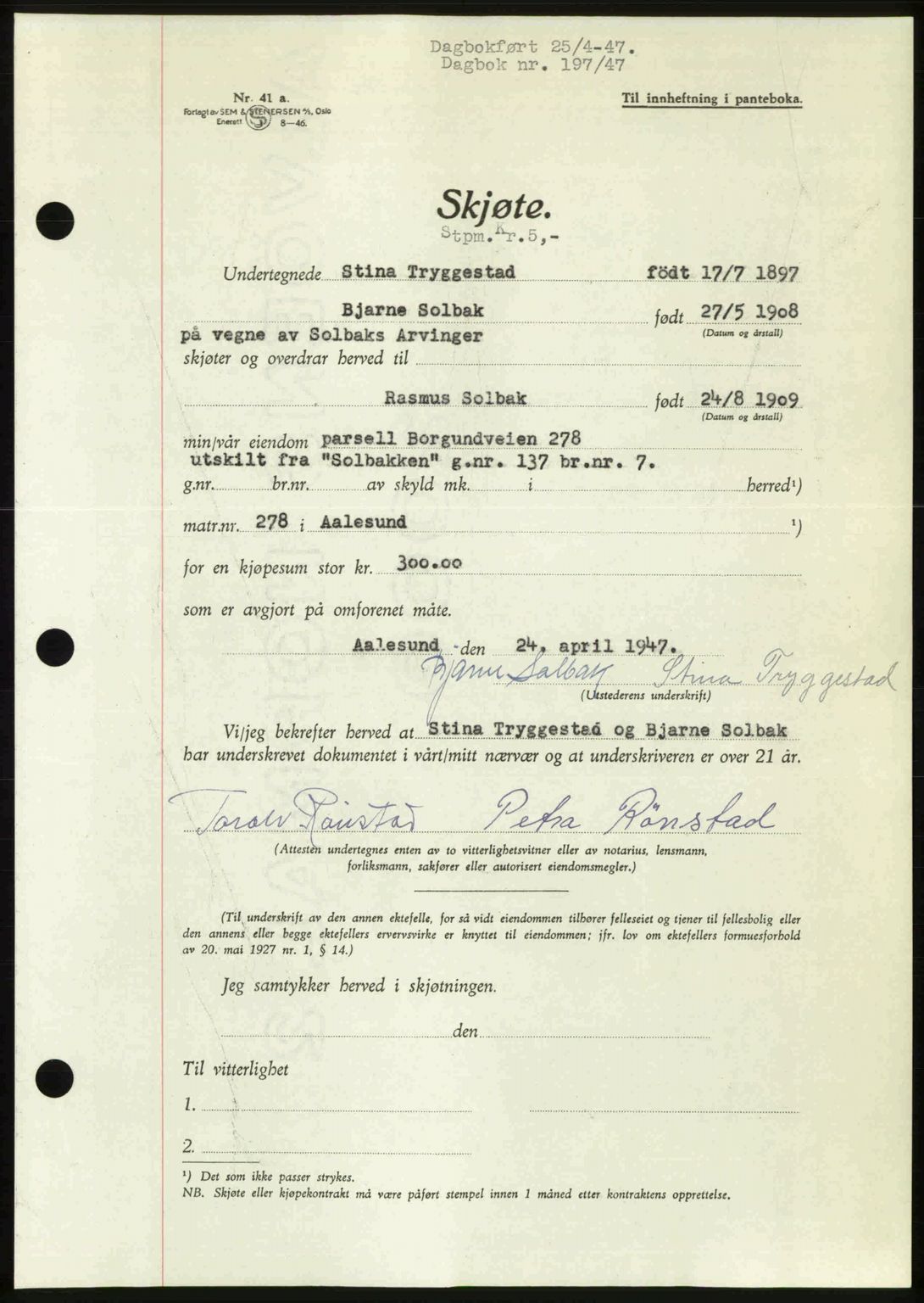 Ålesund byfogd, AV/SAT-A-4384: Pantebok nr. 37A (1), 1947-1949, Dagboknr: 197/1947