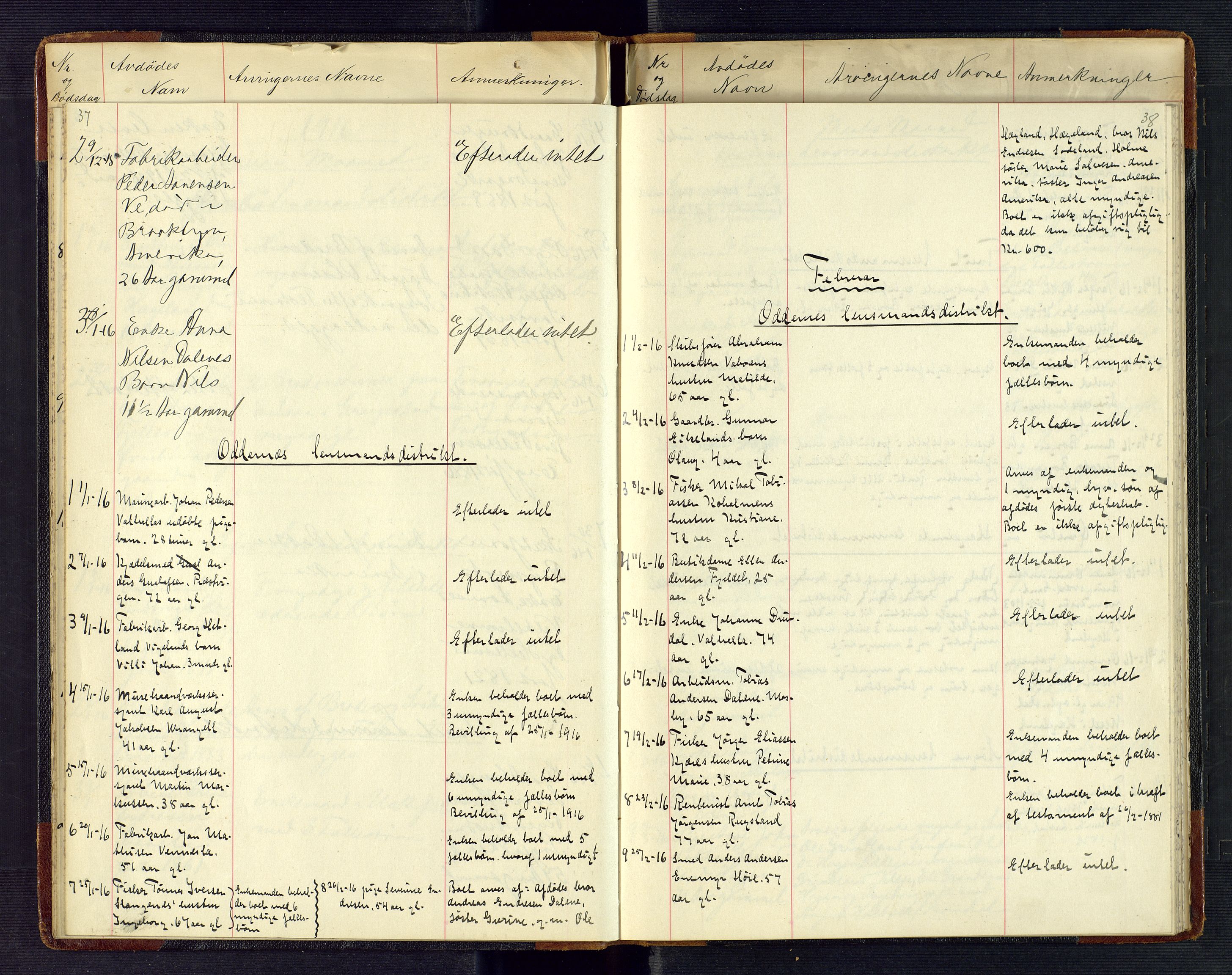 Torridal sorenskriveri, SAK/1221-0012/H/Ha/L0002: Dødsfallsprotokoll med register nr. 2, 1915-1918, s. 37-38