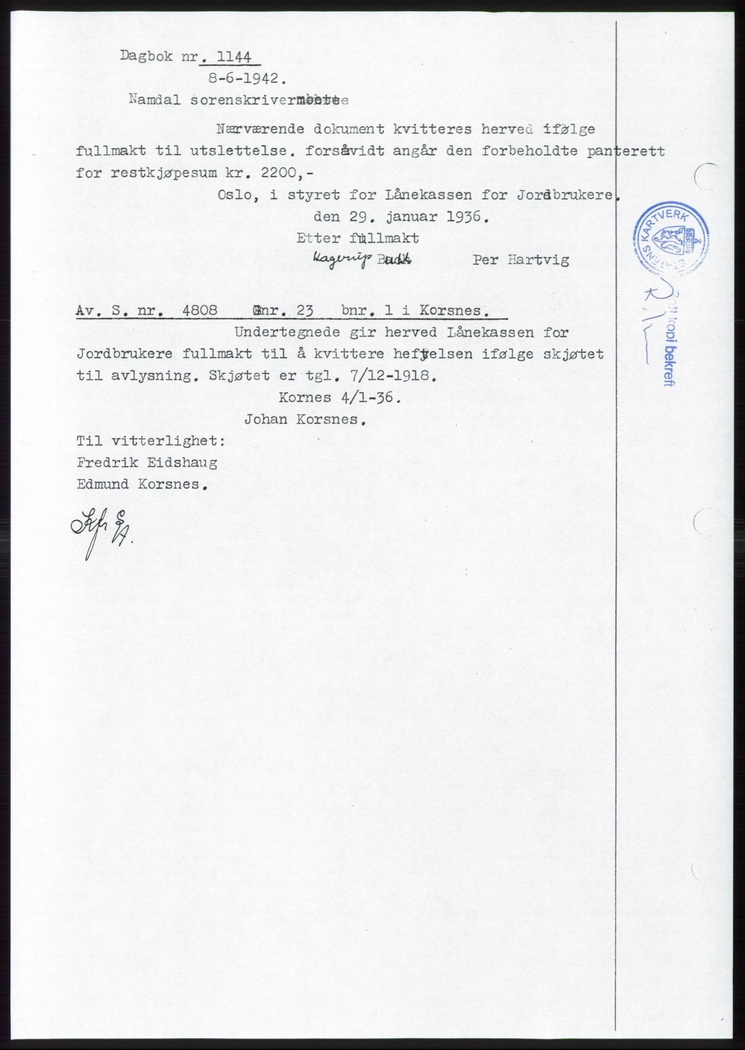 Namdal sorenskriveri, SAT/A-4133/1/2/2C: Pantebok nr. -, 1941-1942, Dagboknr: 1144/1942