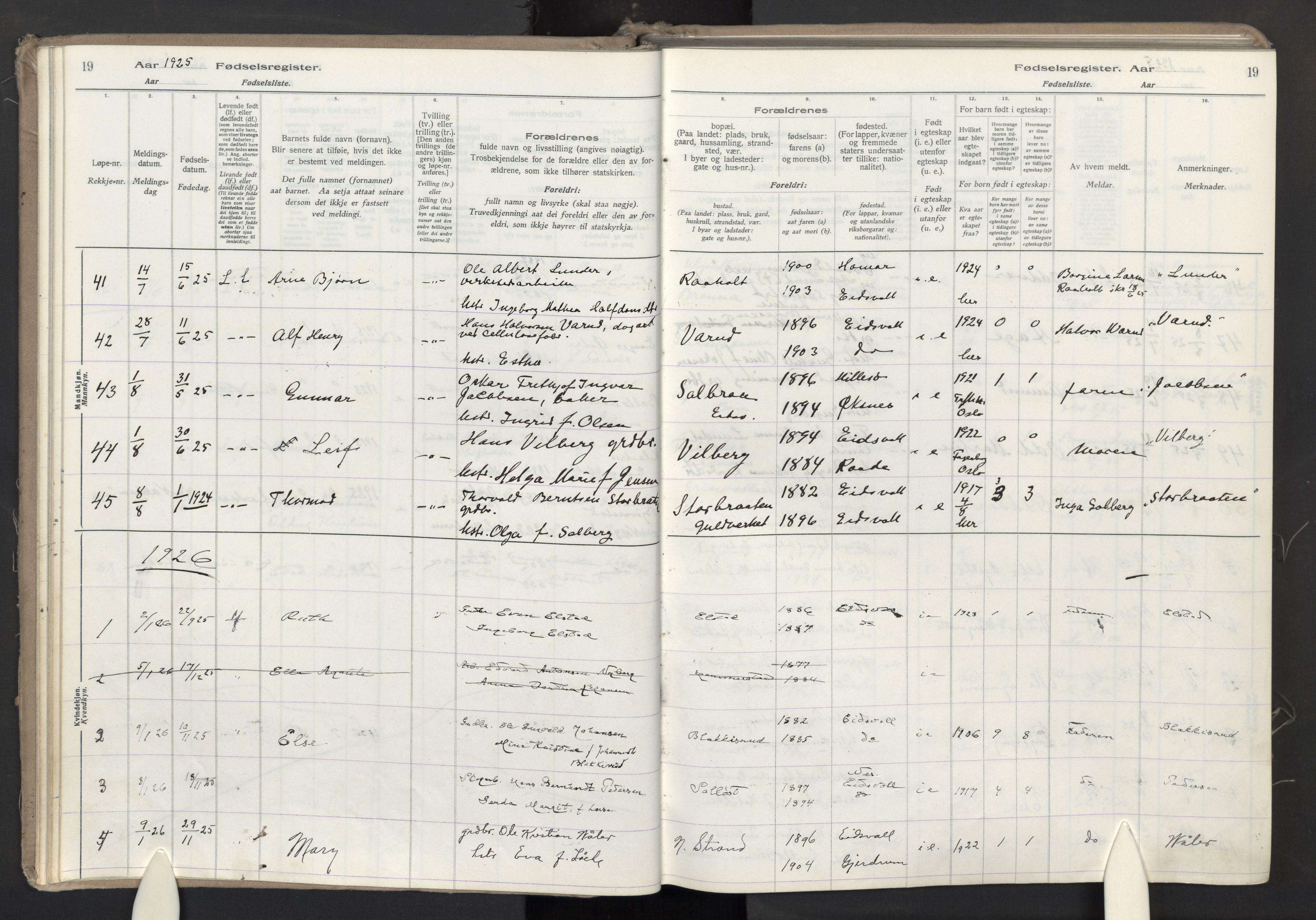 Eidsvoll prestekontor Kirkebøker, AV/SAO-A-10888/J/Ja/L0002: Fødselsregister nr. I 2, 1924-1937, s. 19