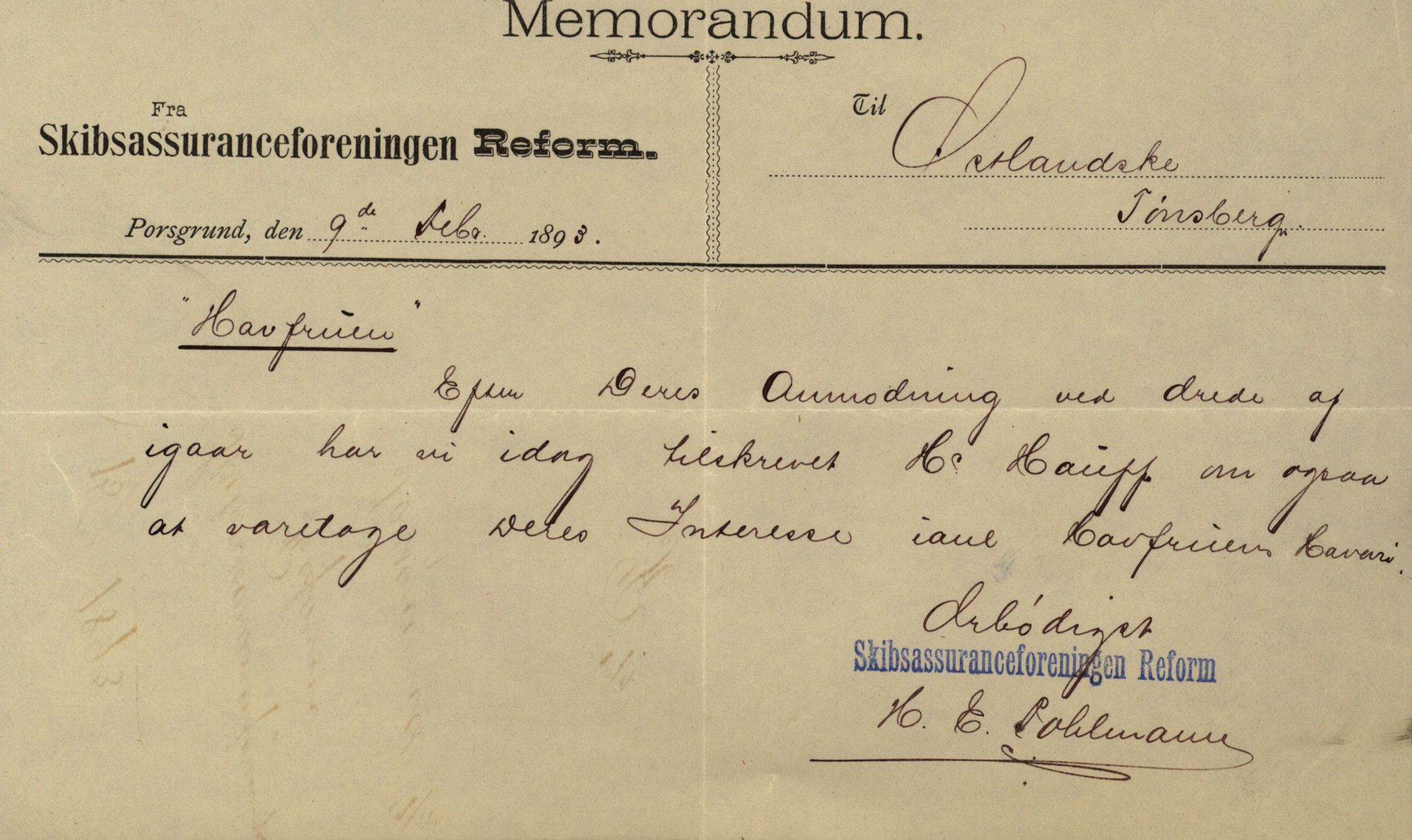 Pa 63 - Østlandske skibsassuranceforening, VEMU/A-1079/G/Ga/L0030/0007: Havaridokumenter / Furu, Magnhild, Magnolia, Havfruen, Tichborne, 1893, s. 63