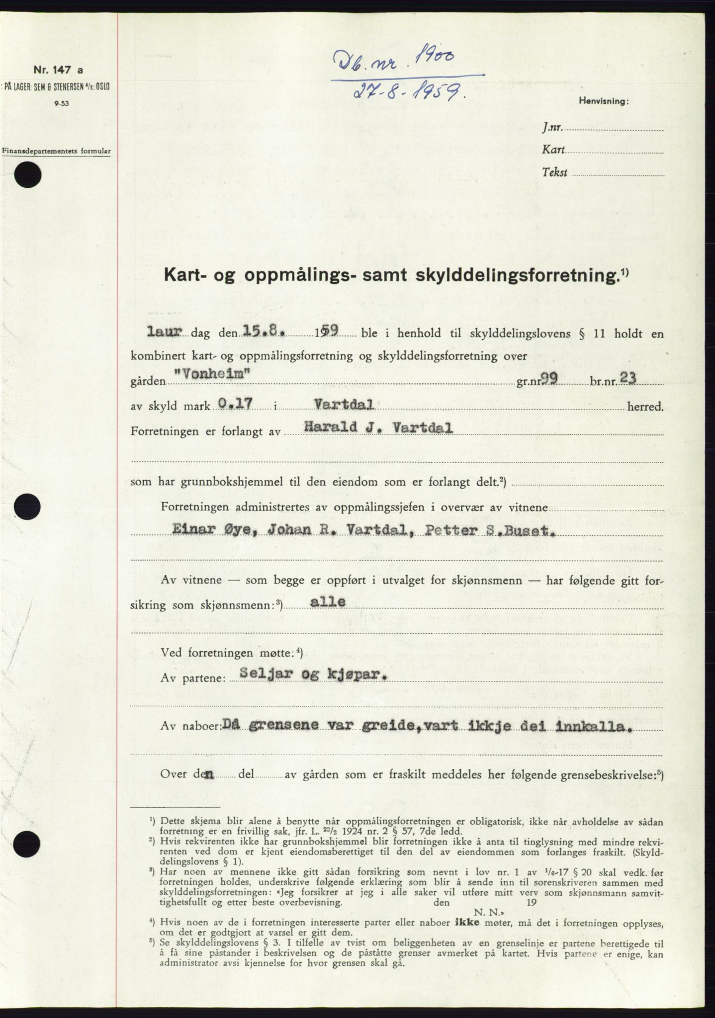 Søre Sunnmøre sorenskriveri, SAT/A-4122/1/2/2C/L0113: Pantebok nr. 39A, 1959-1959, Dagboknr: 1900/1959