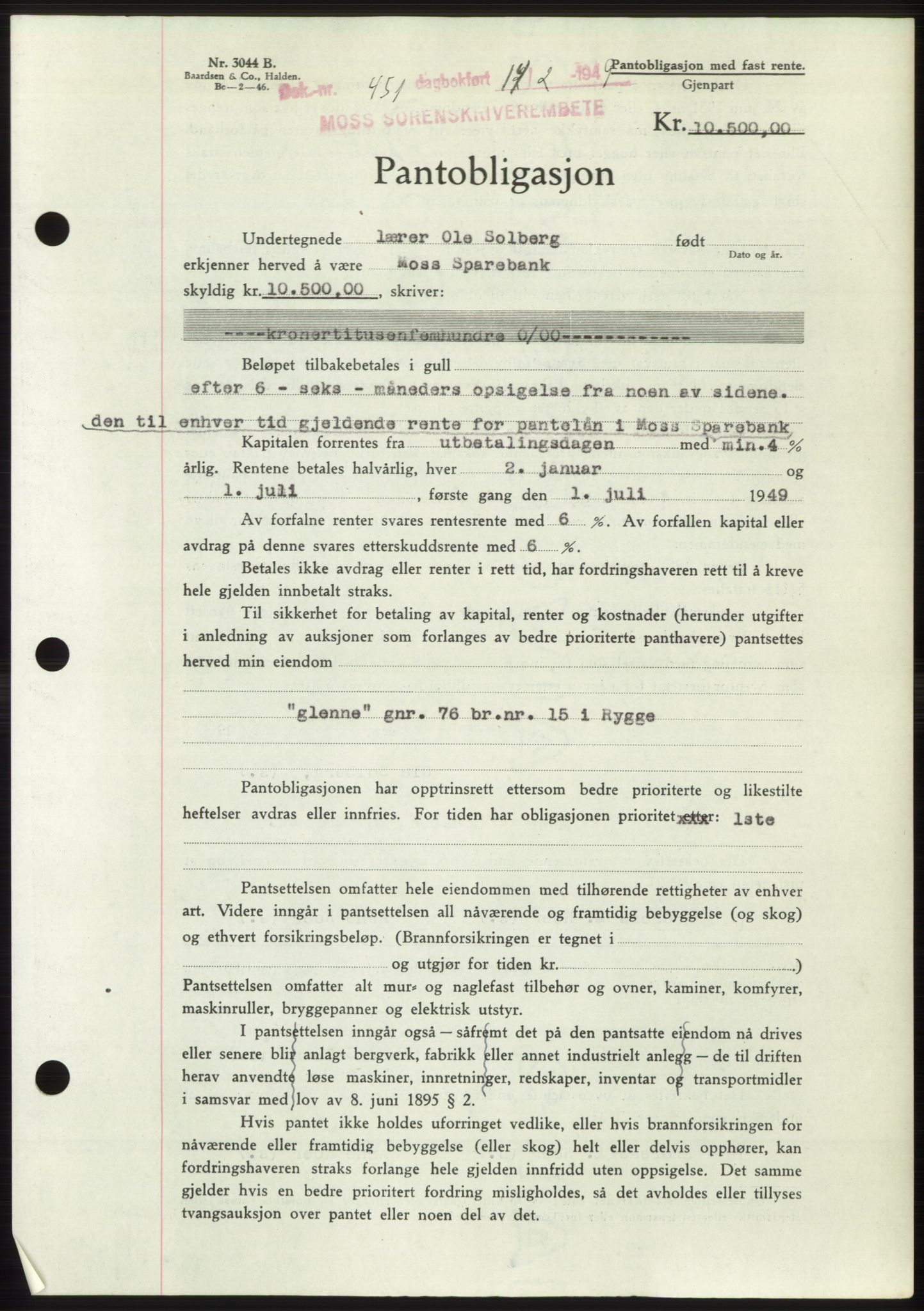 Moss sorenskriveri, SAO/A-10168: Pantebok nr. B21, 1949-1949, Dagboknr: 451/1949