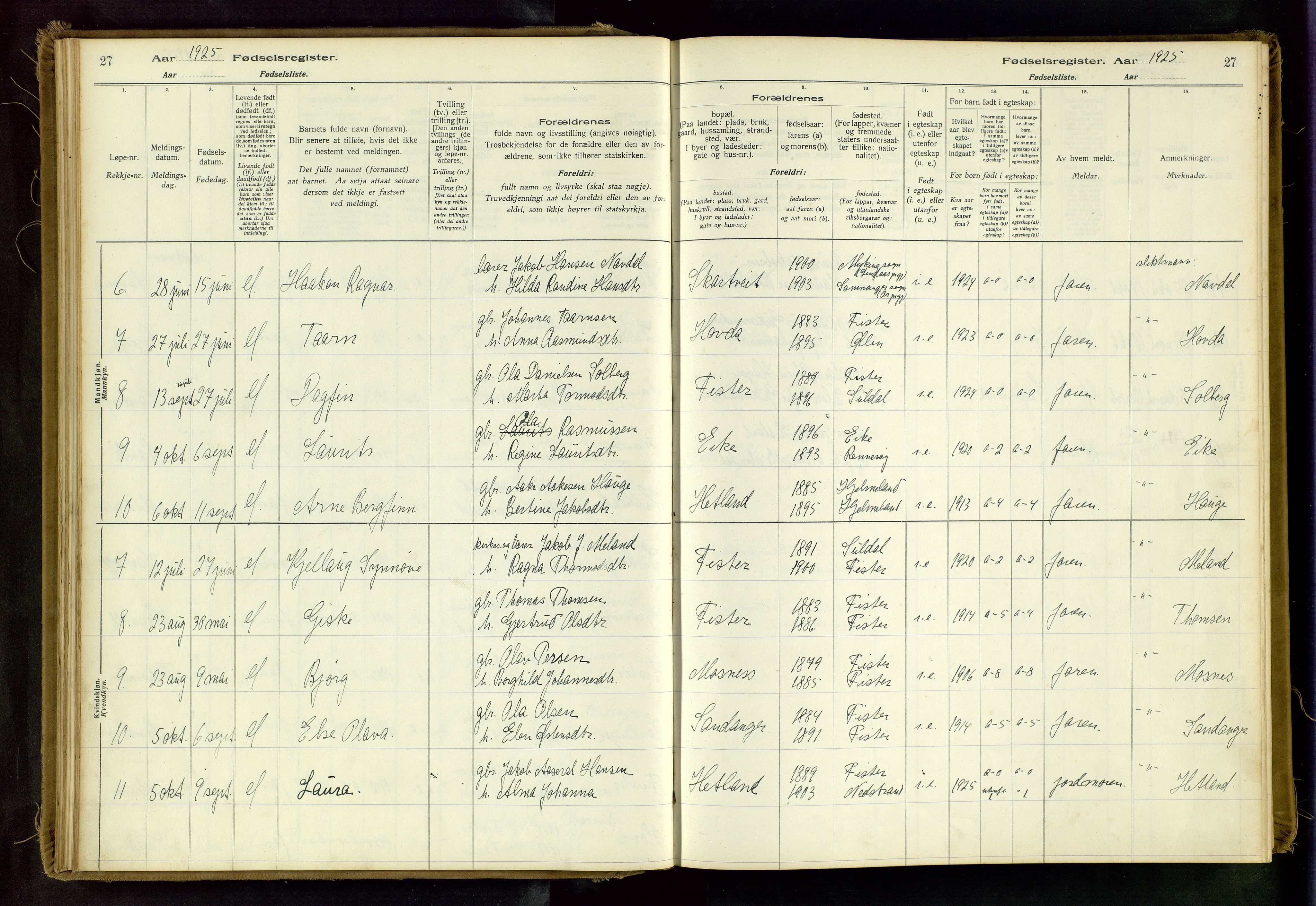 Hjelmeland sokneprestkontor, AV/SAST-A-101843/02/B/L0003: Fødselsregister nr. 3, 1916-1997, s. 27