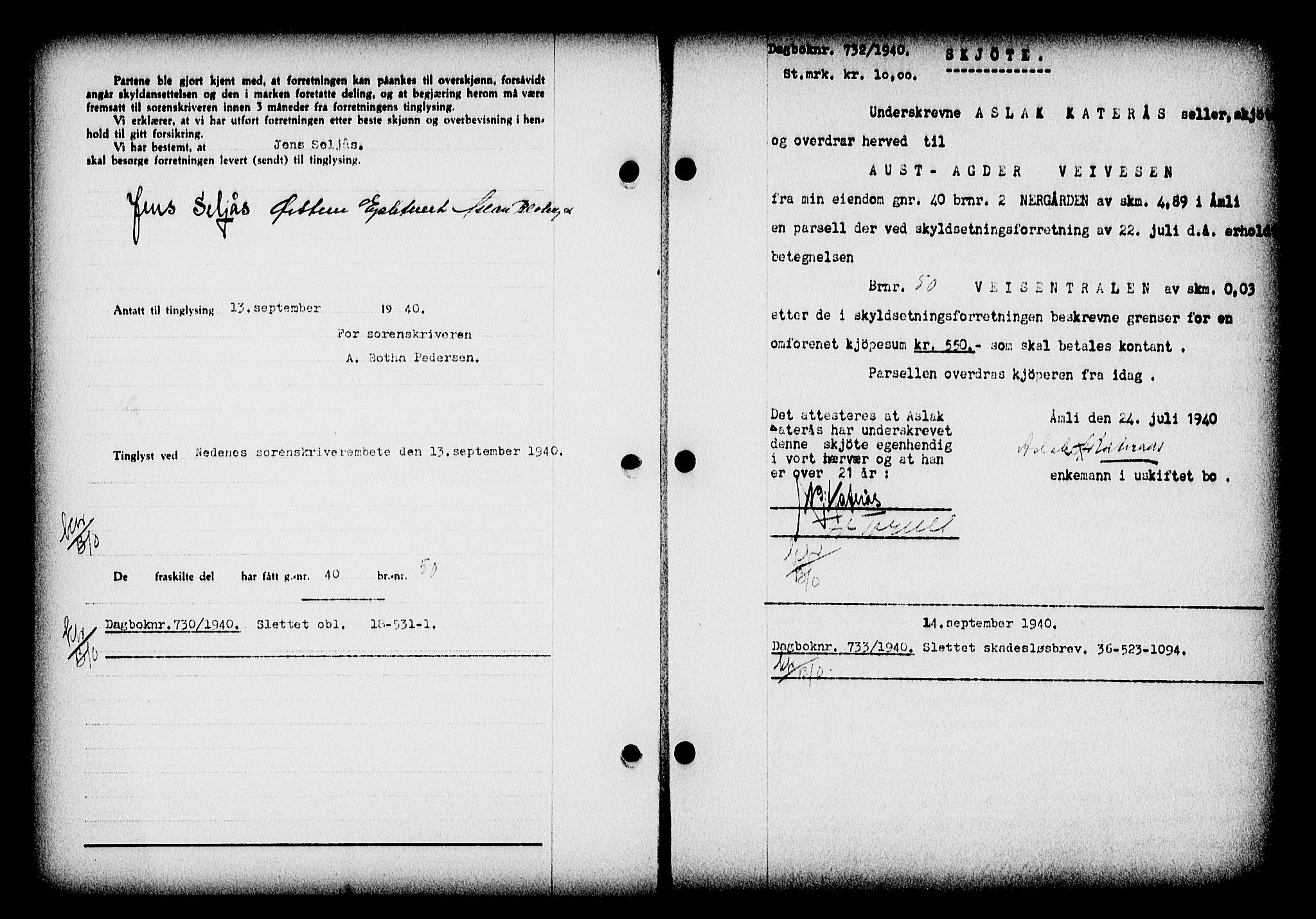 Nedenes sorenskriveri, AV/SAK-1221-0006/G/Gb/Gba/L0047: Pantebok nr. A-I, 1939-1940, Dagboknr: 732/1940