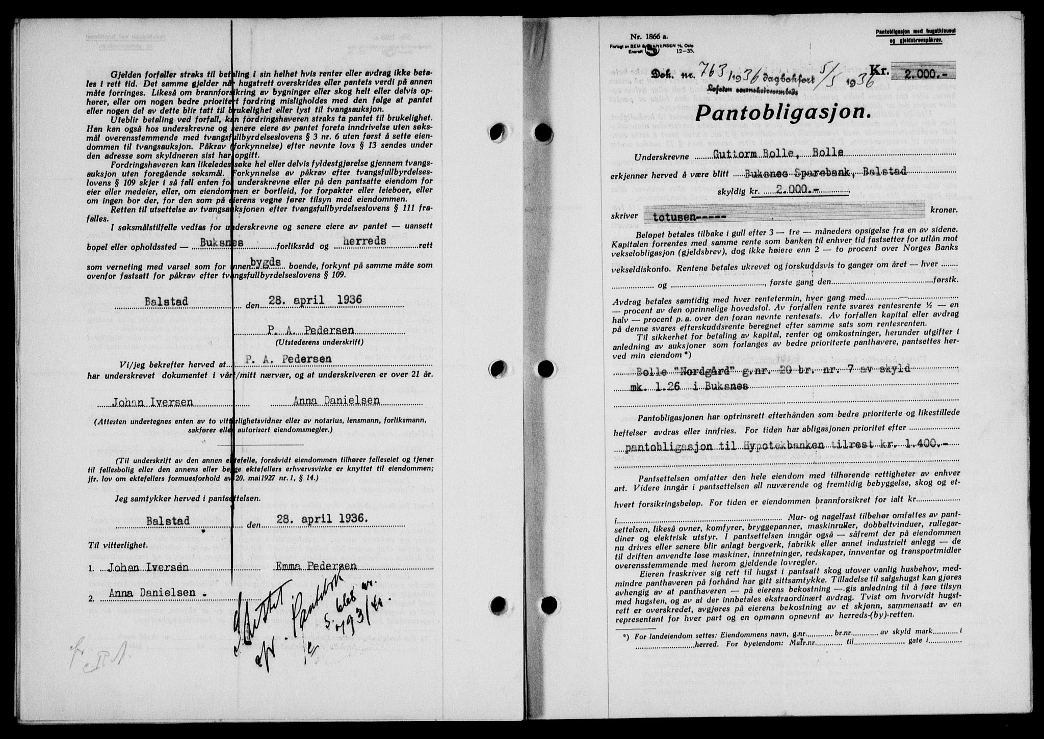 Lofoten sorenskriveri, SAT/A-0017/1/2/2C/L0033b: Pantebok nr. 33b, 1936-1936, Dagboknr: 763/1936