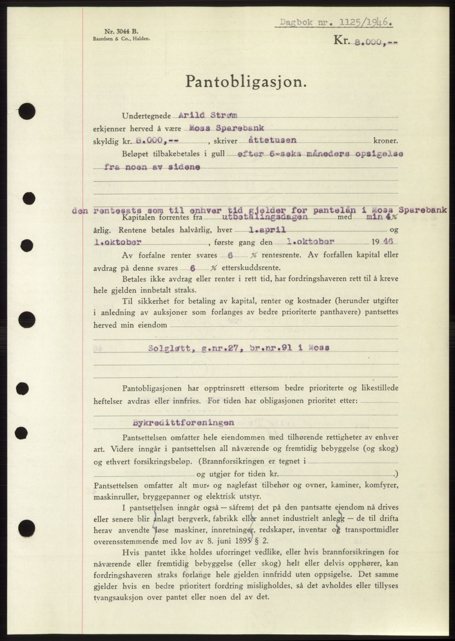 Moss sorenskriveri, SAO/A-10168: Pantebok nr. B15, 1946-1946, Dagboknr: 1125/1946