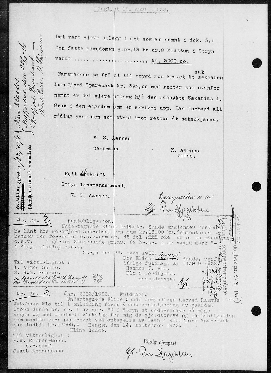 Nordfjord sorenskriveri, AV/SAB-A-2801/02/02b/02ba/L0076: Pantebok nr. II.B.a.76, 1932-1933, Tingl.dato: 19.04.1933