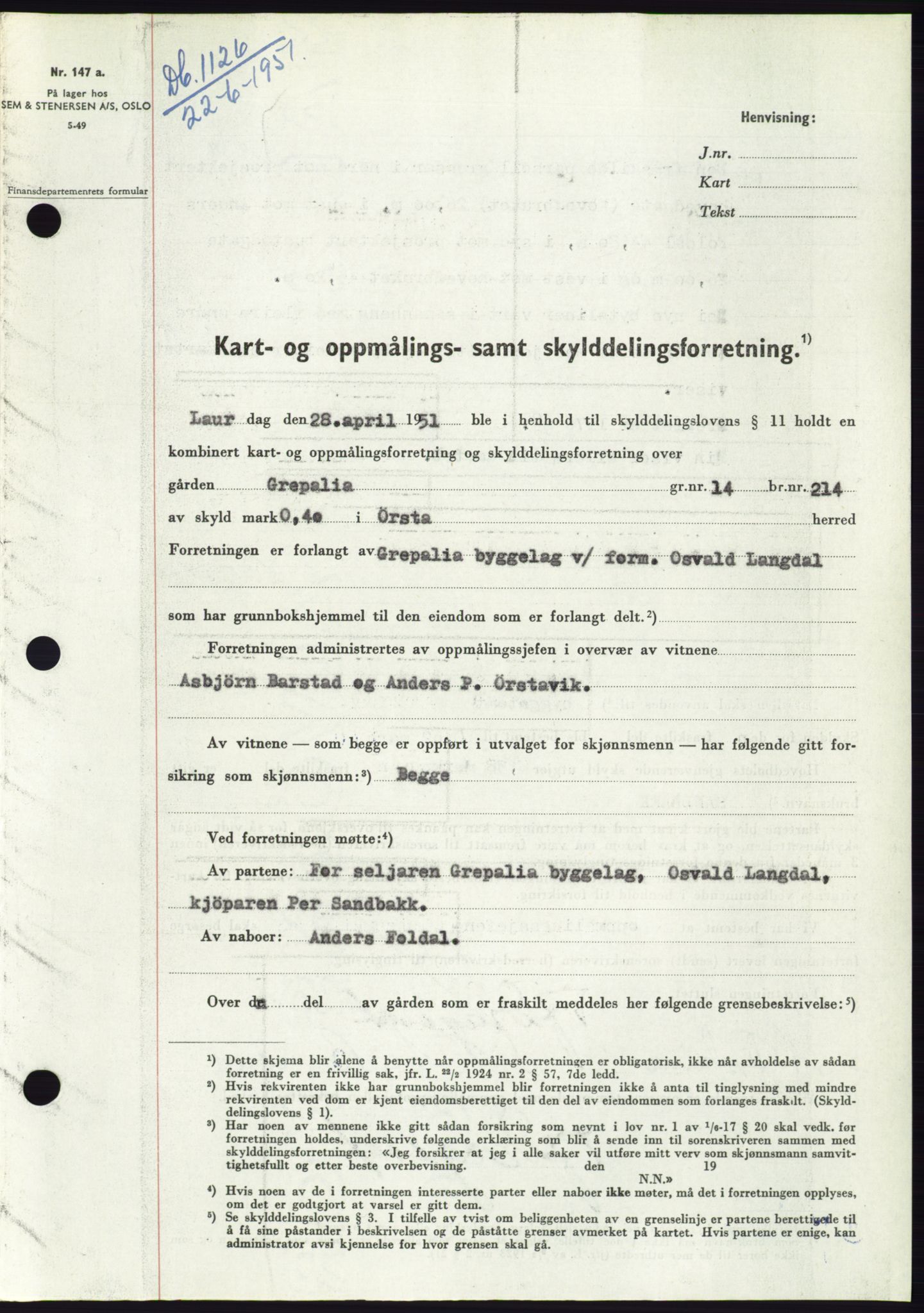 Søre Sunnmøre sorenskriveri, SAT/A-4122/1/2/2C/L0089: Pantebok nr. 15A, 1951-1951, Dagboknr: 1126/1951