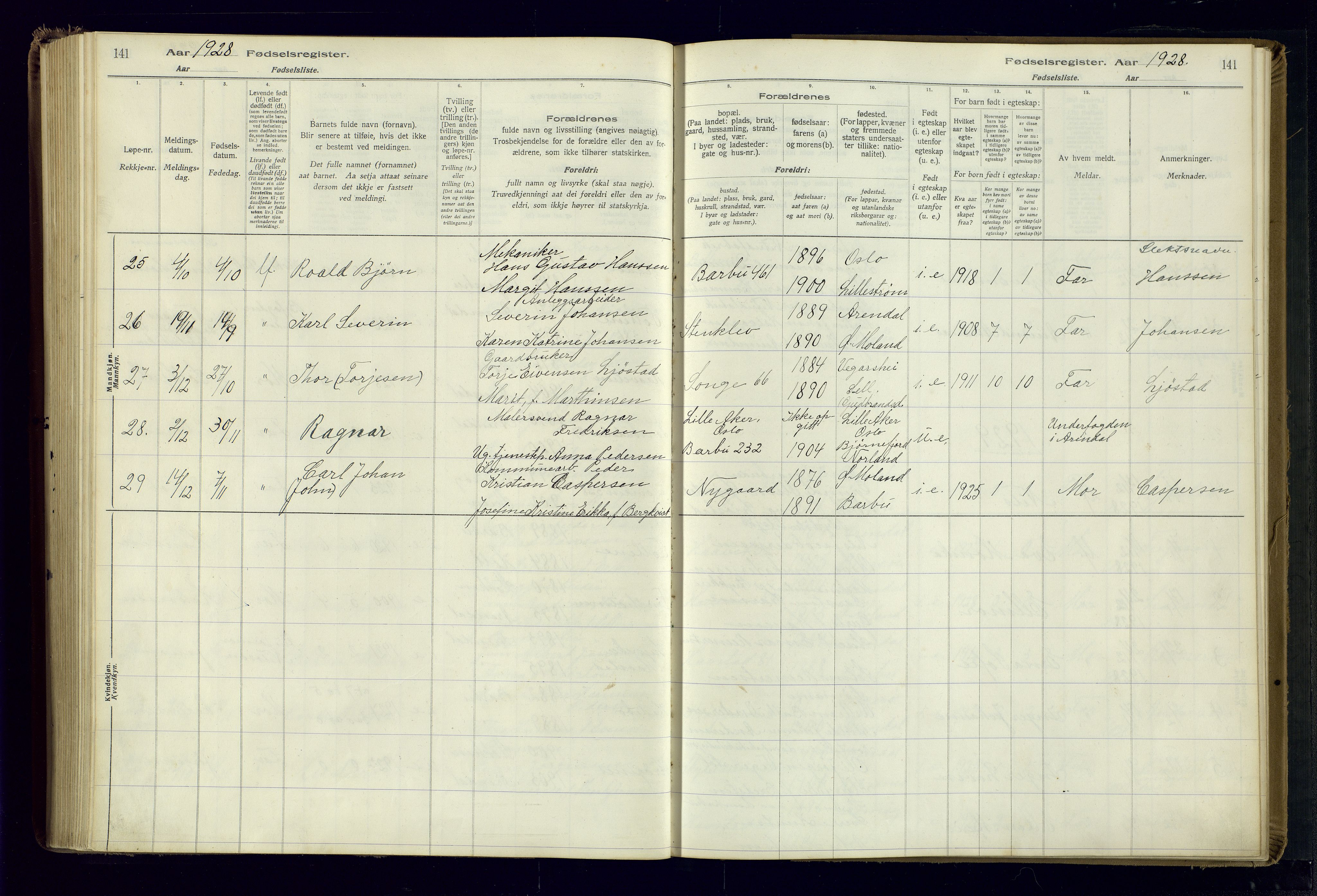 Barbu sokneprestkontor, AV/SAK-1111-0003/J/Ja/L0001: Fødselsregister nr. A-VIII-1, 1916-1937, s. 141