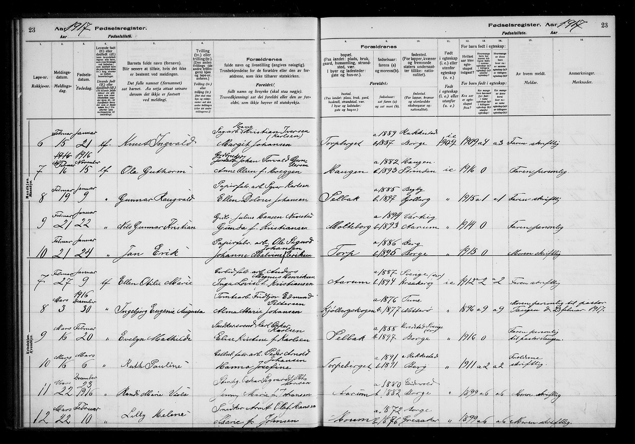 Borge prestekontor Kirkebøker, AV/SAO-A-10903/J/Ja/L0001: Fødselsregister nr. I 1, 1916-1925, s. 23