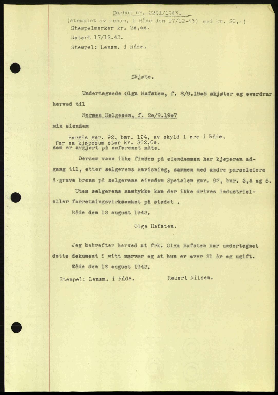 Moss sorenskriveri, SAO/A-10168: Pantebok nr. A12, 1943-1944, Dagboknr: 2291/1943