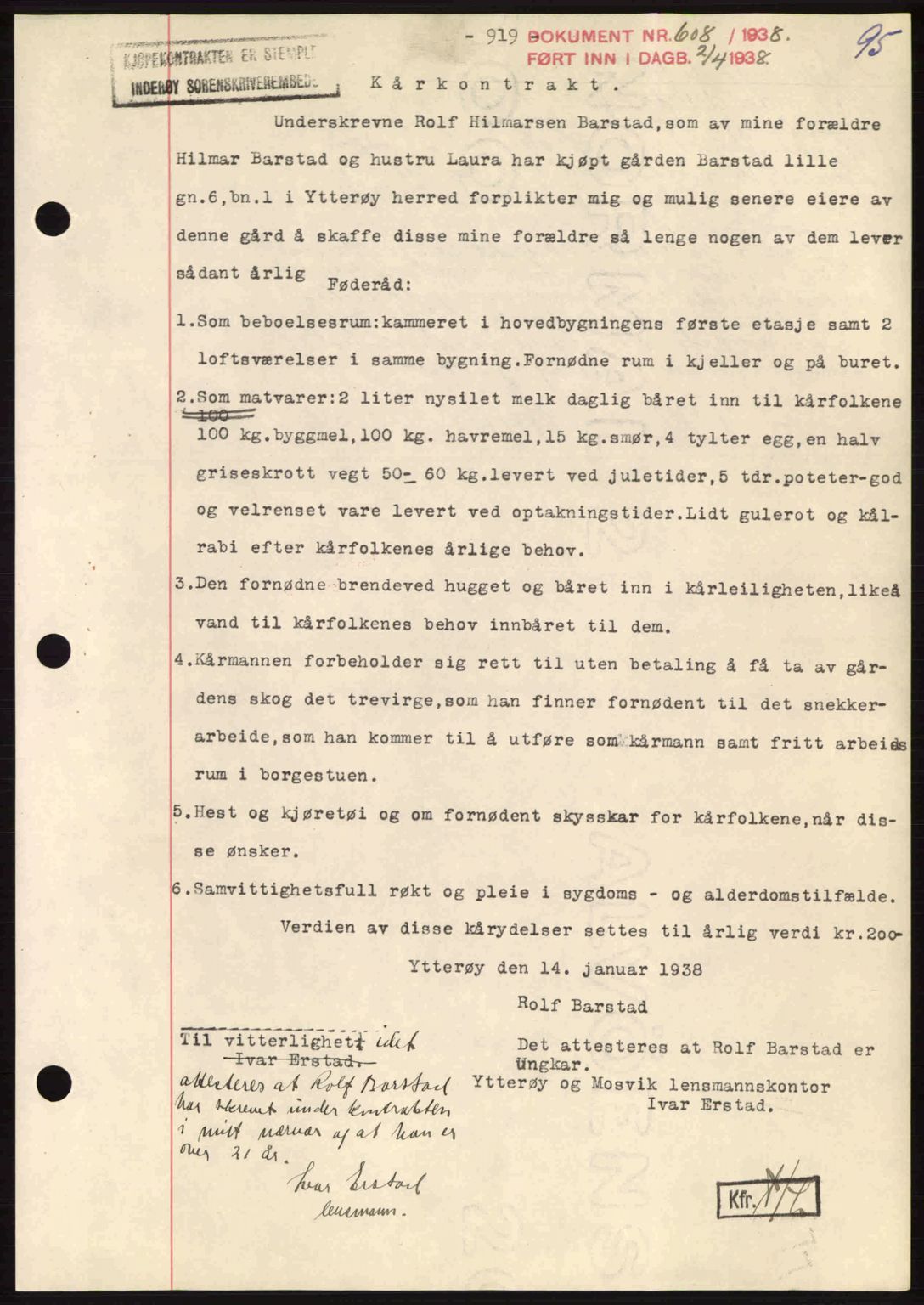 Inderøy sorenskriveri, SAT/A-4147/1/2/2C: Pantebok nr. Y1, 1936-1950, Dagboknr: 608/1938
