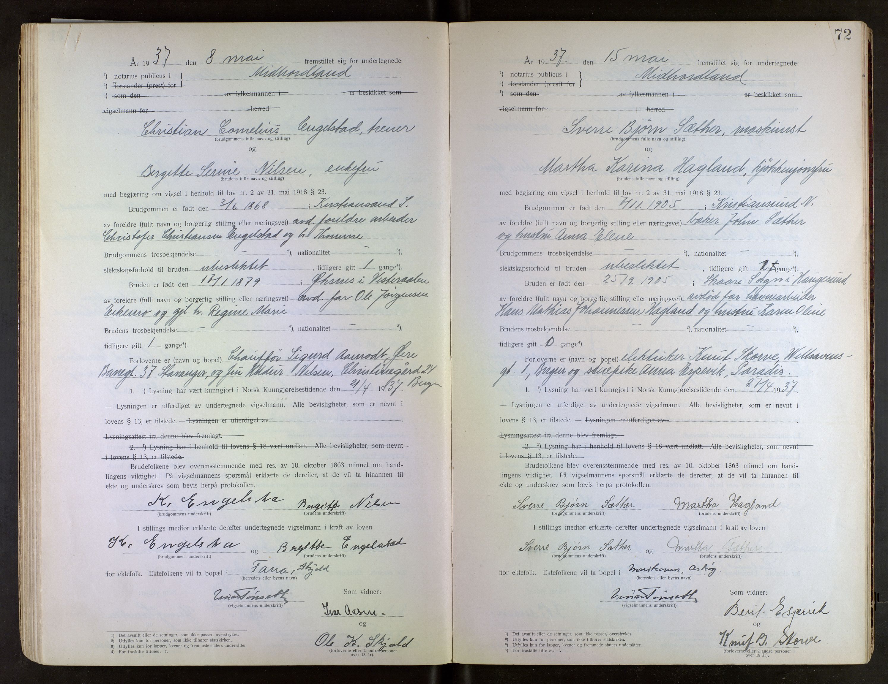 Midhordland sorenskriveri, AV/SAB-A-3001/1/M/Mc/Mca/L0001: Notarialbilag. Vigselbøker, 1920-1939, s. 72