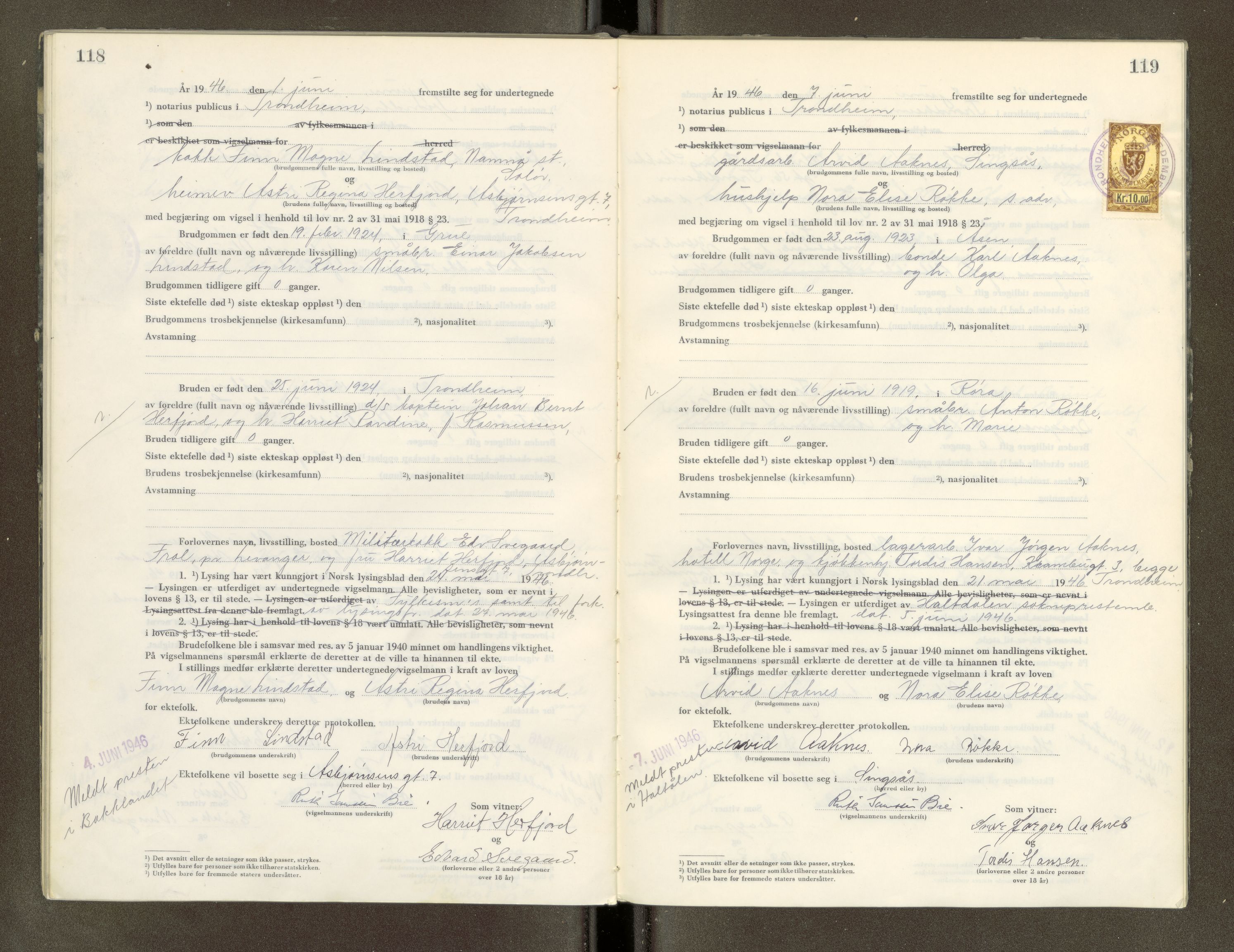 Trondheim byfogd, AV/SAT-A-0003/1/6/6D/L0005: Vigselbøker, 1944-1948, s. 118-119