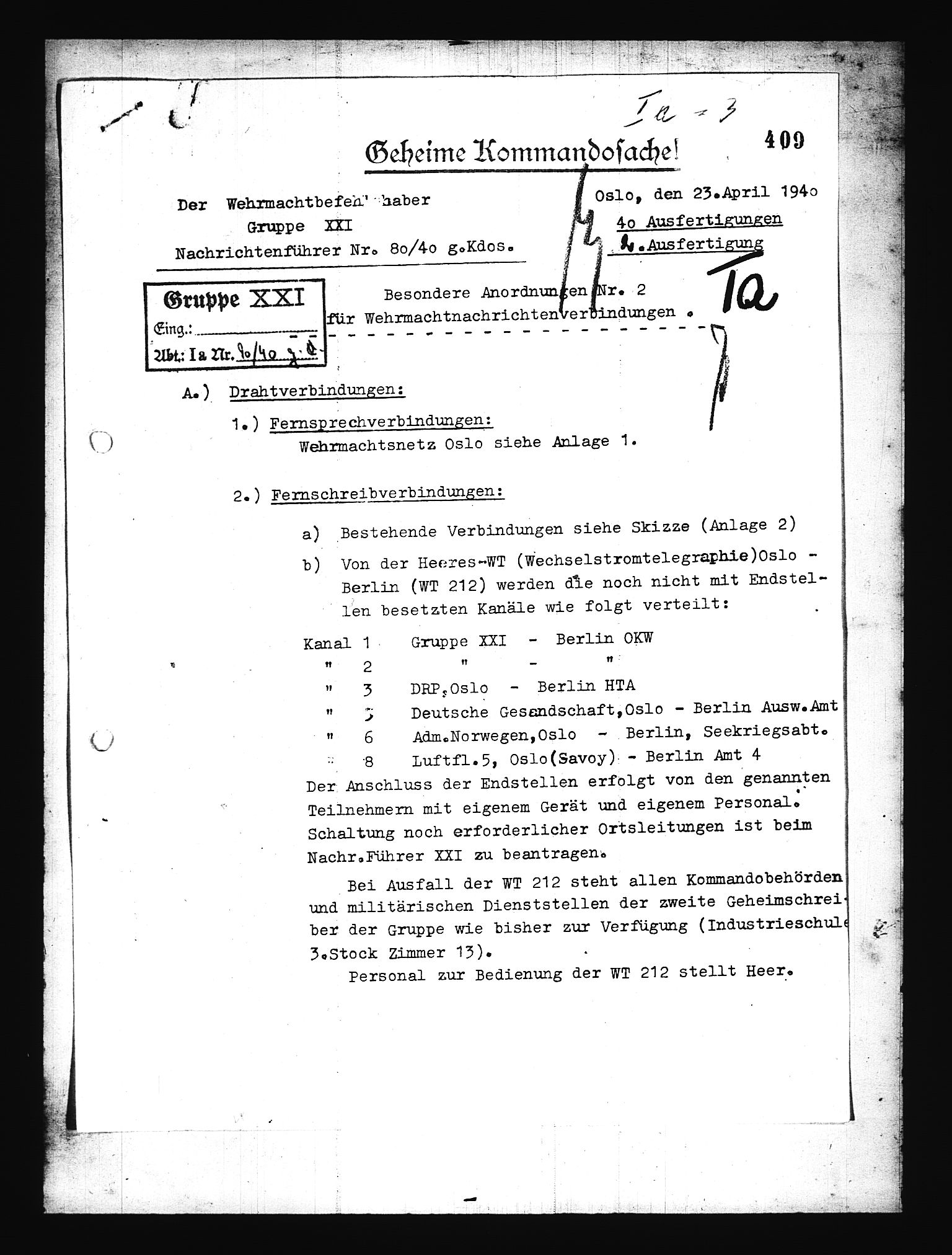 Documents Section, AV/RA-RAFA-2200/V/L0076: Amerikansk mikrofilm "Captured German Documents".
Box No. 715.  FKA jnr. 619/1954., 1940, s. 218