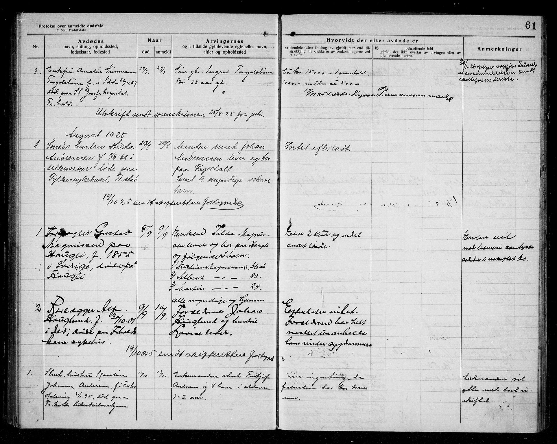 Idd lensmannsarkiv, AV/SAO-A-10633/H/Ha/L0004: Dødsfallsprotokoll, 1920-1929, s. 61